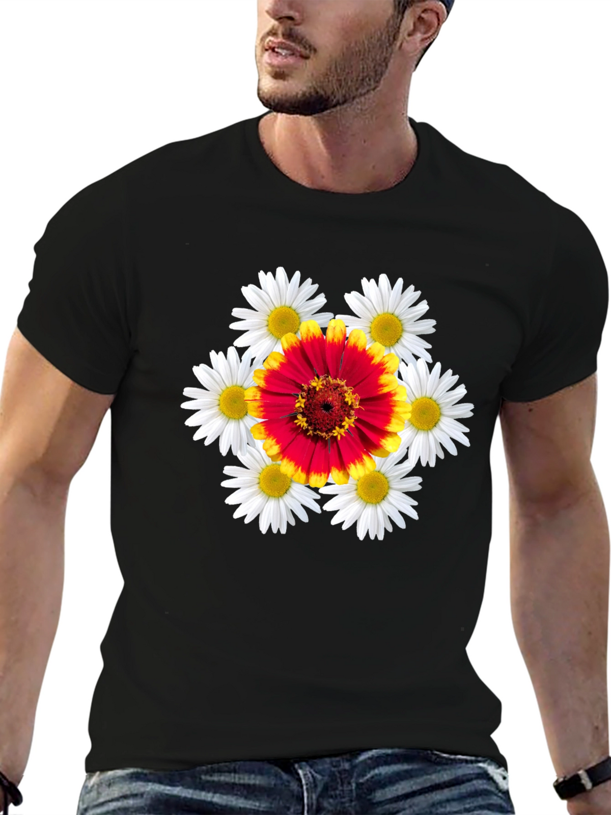 Floral Burst Graphic Tee - Black Cotton T-Shirt