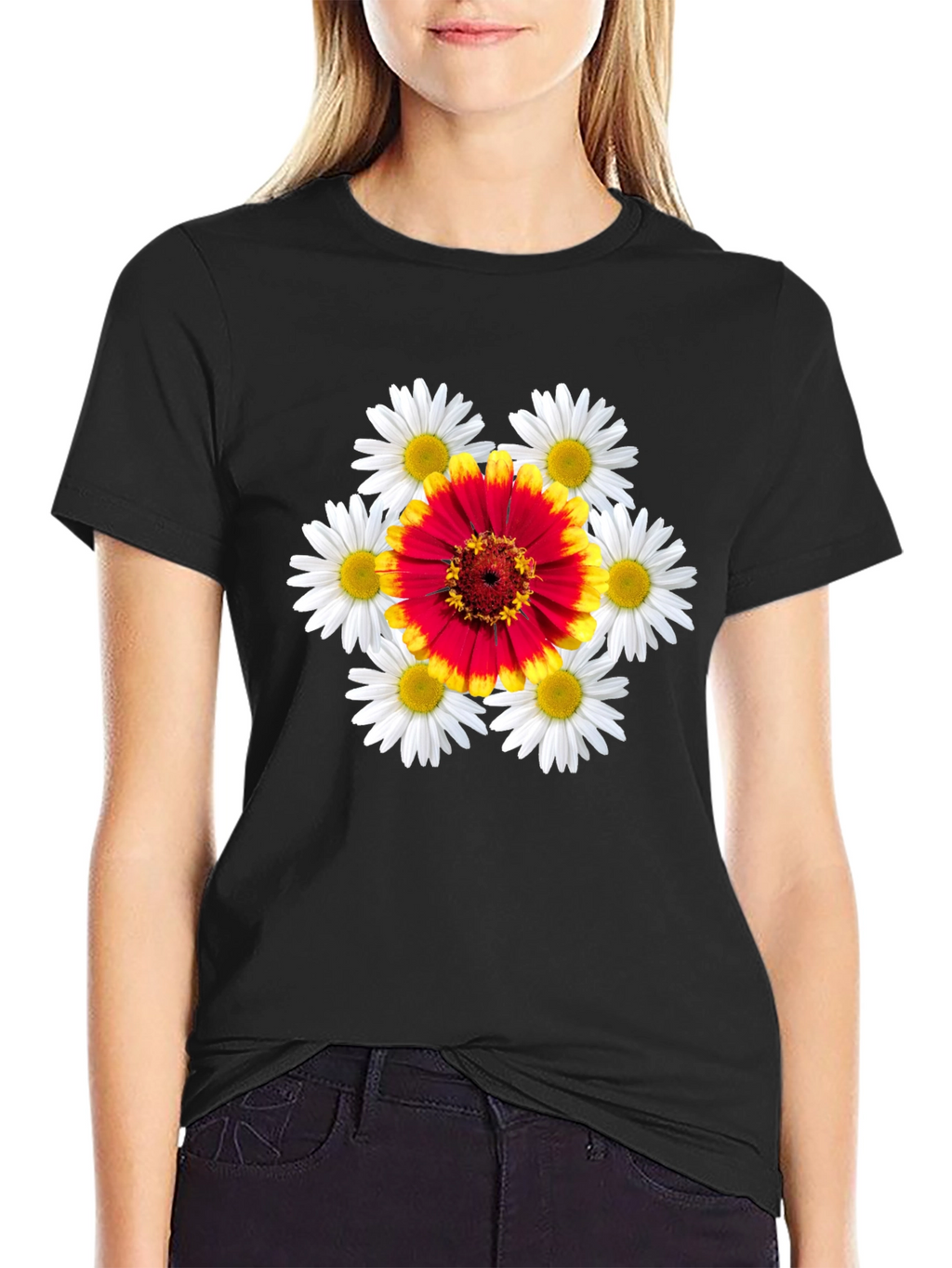 Floral Burst Graphic Tee - Black Cotton T-Shirt