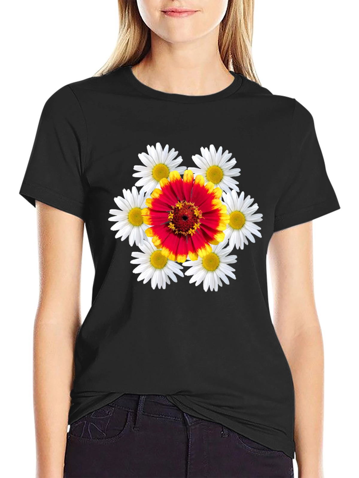Floral Burst Graphic Tee - Black Cotton T-Shirt