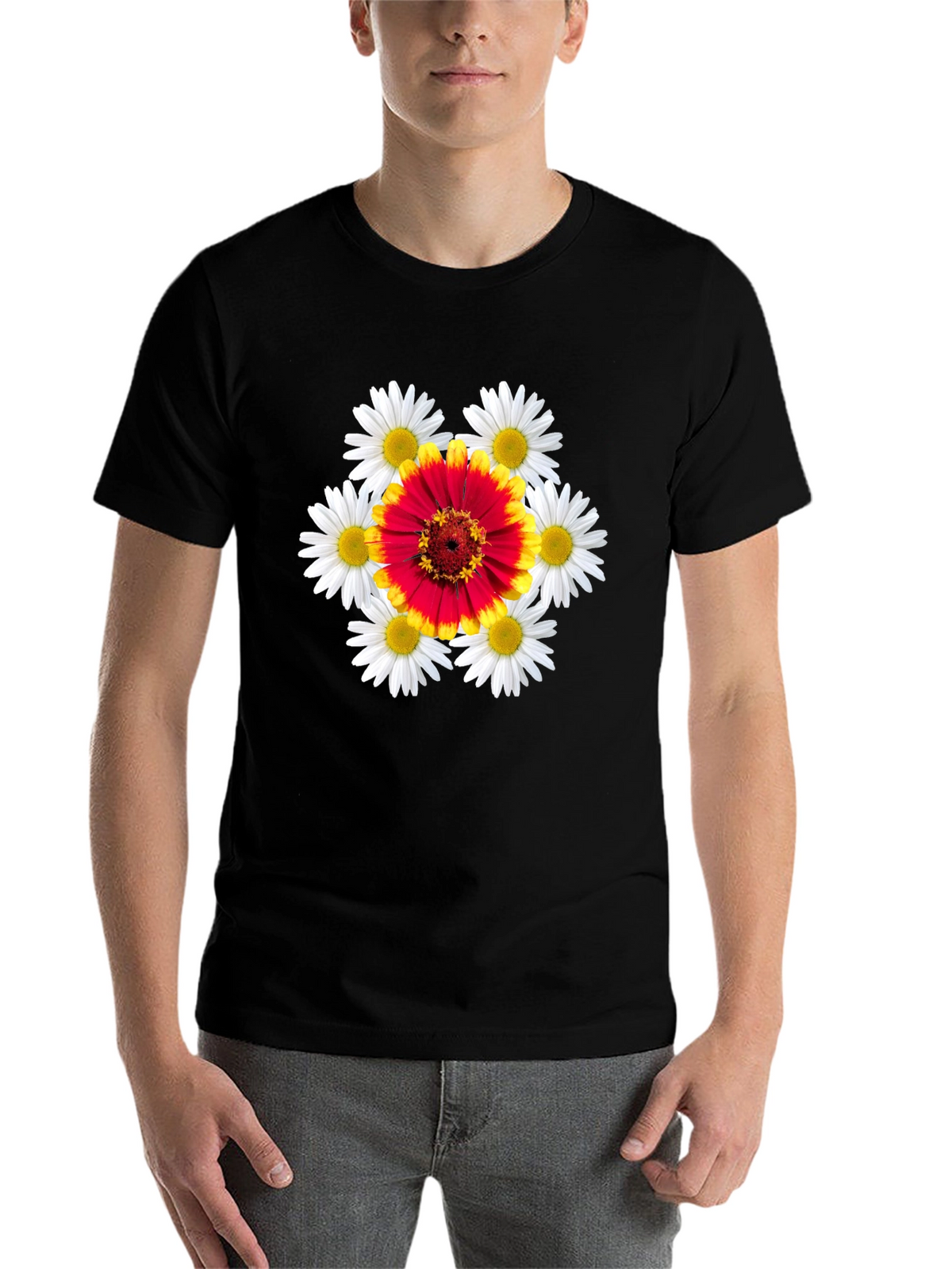 Floral Burst Graphic Tee - Black Cotton T-Shirt