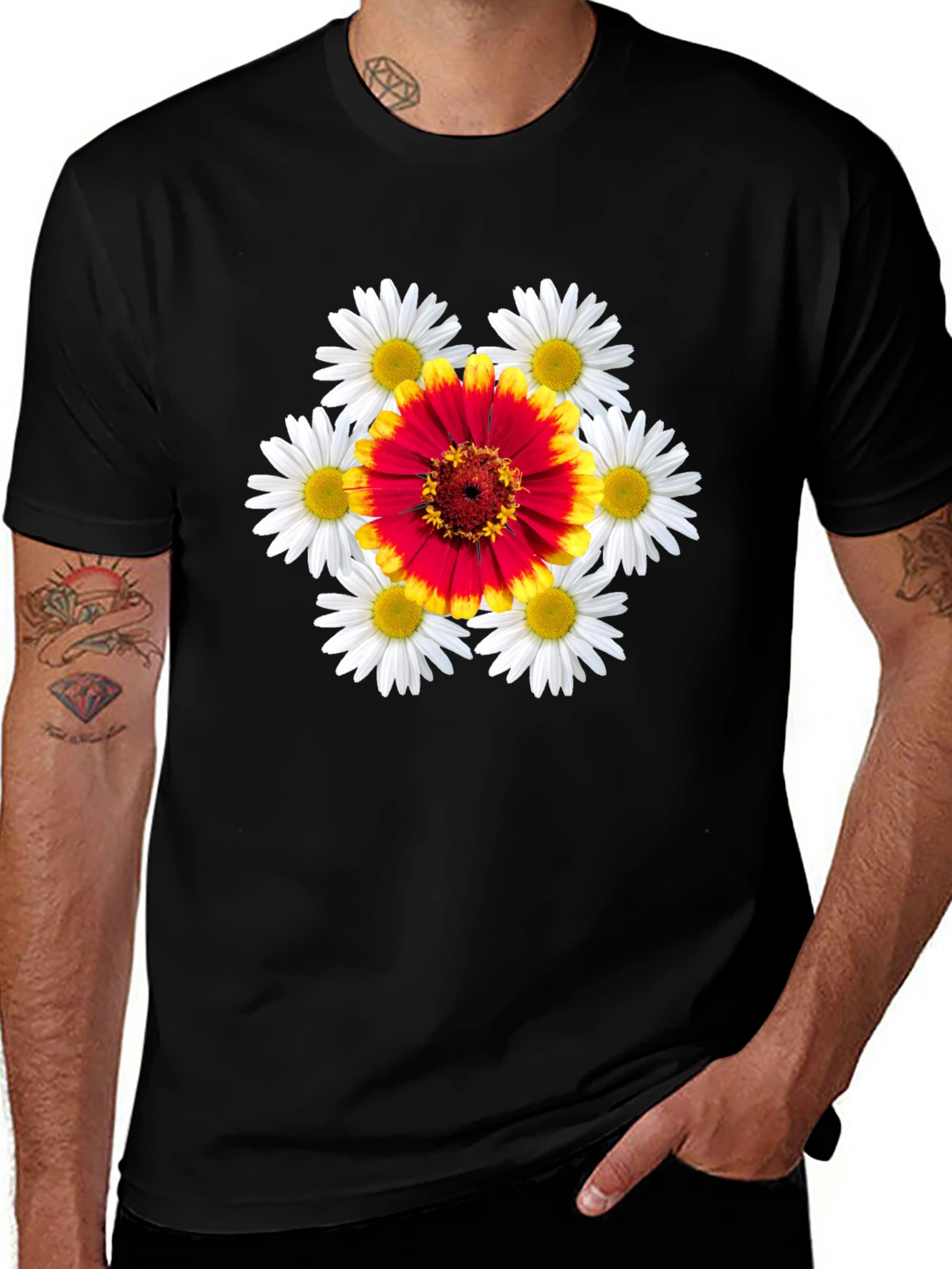 Floral Burst Graphic Tee - Black Cotton T-Shirt