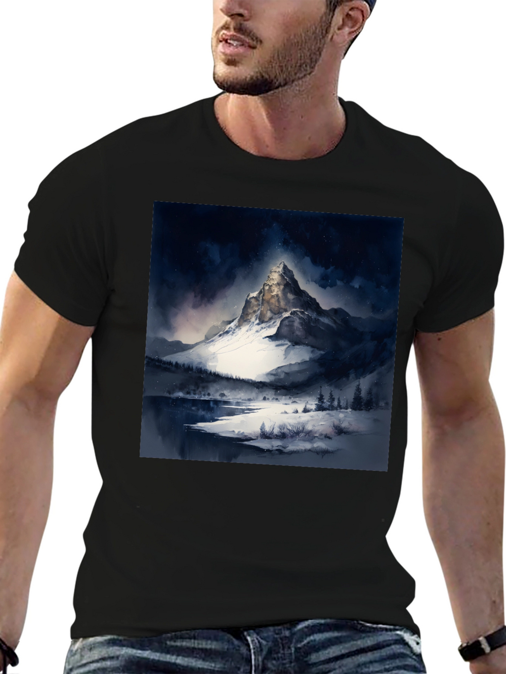 Snow Mountain Print Black T-Shirt