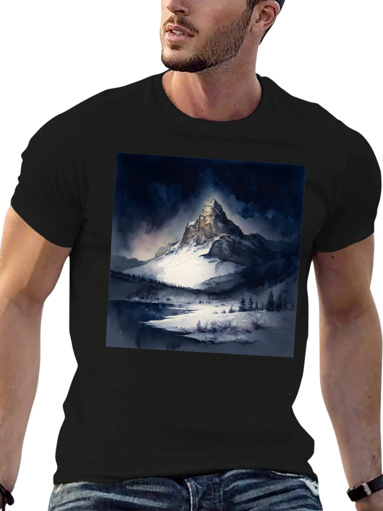 Snow Mountain Print Black T-Shirt