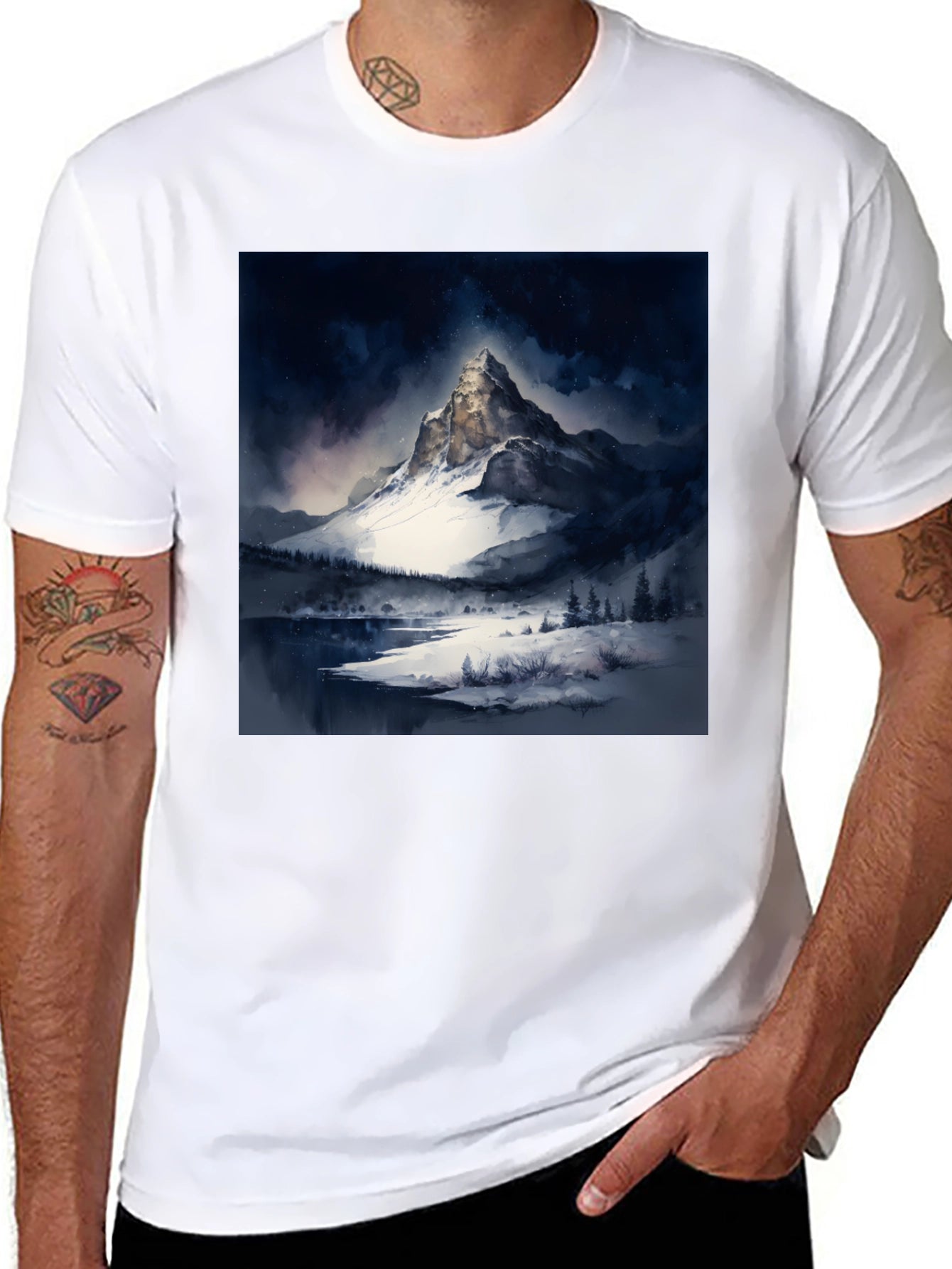 Snow Mountain Print Black T-Shirt