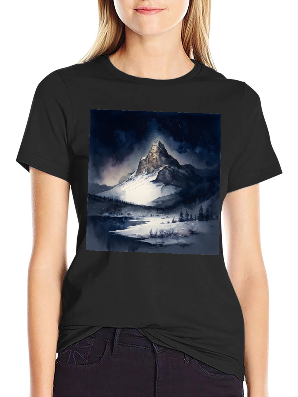 Snow Mountain Print Black T-Shirt