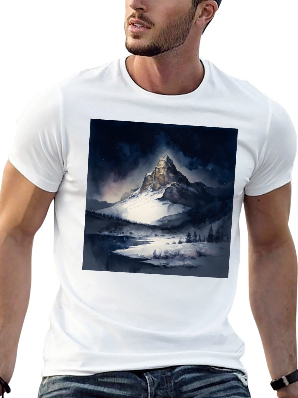 Snow Mountain Print Black T-Shirt
