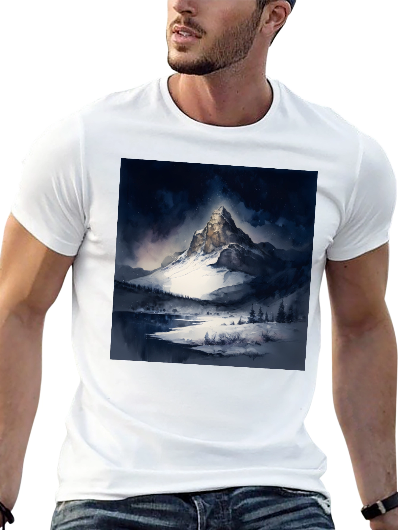Snow Mountain Print Black T-Shirt