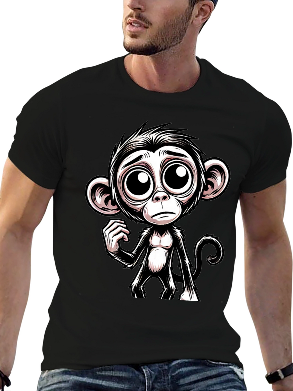 Sad Monkey Graphic Tee - Black Cotton T-Shirt