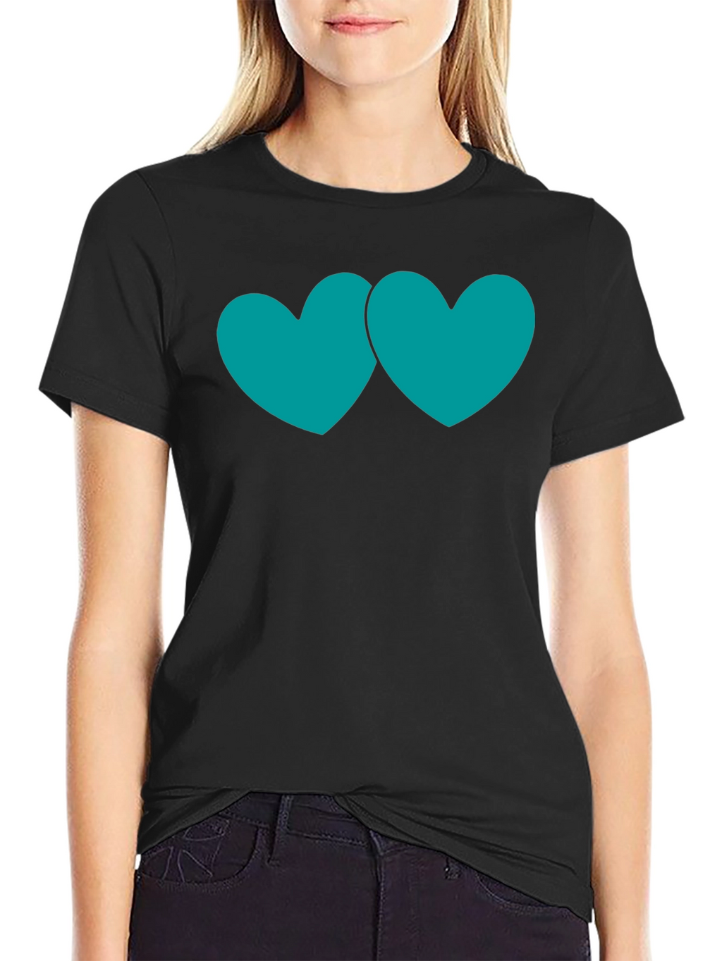 Black T-Shirt with Teal Double Heart Graphic