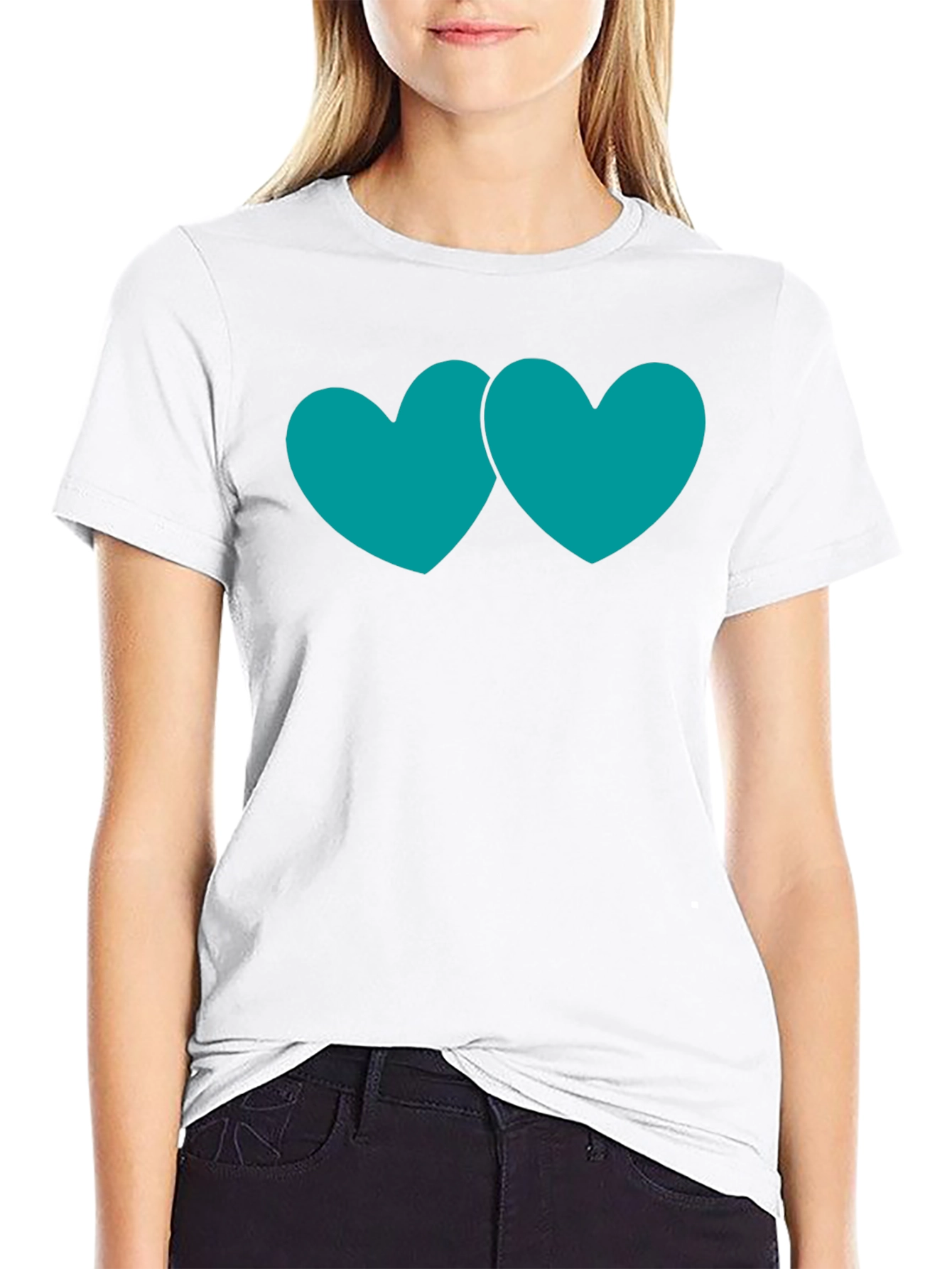 Black T-Shirt with Teal Double Heart Graphic