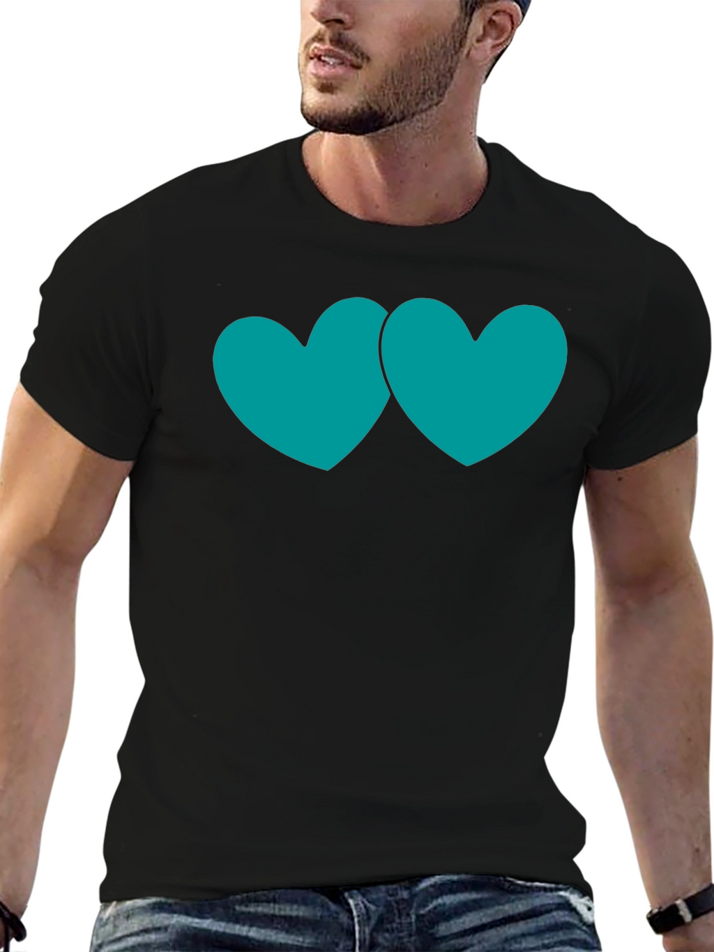 Black T-Shirt with Teal Double Heart Graphic