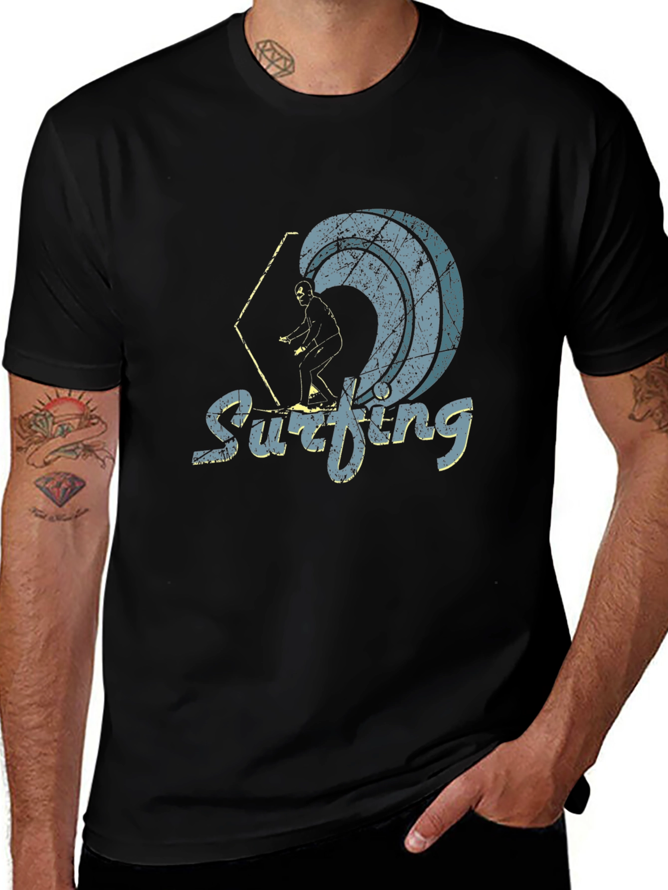 Vintage Surfing Graphic Tee - Black Cotton Blend