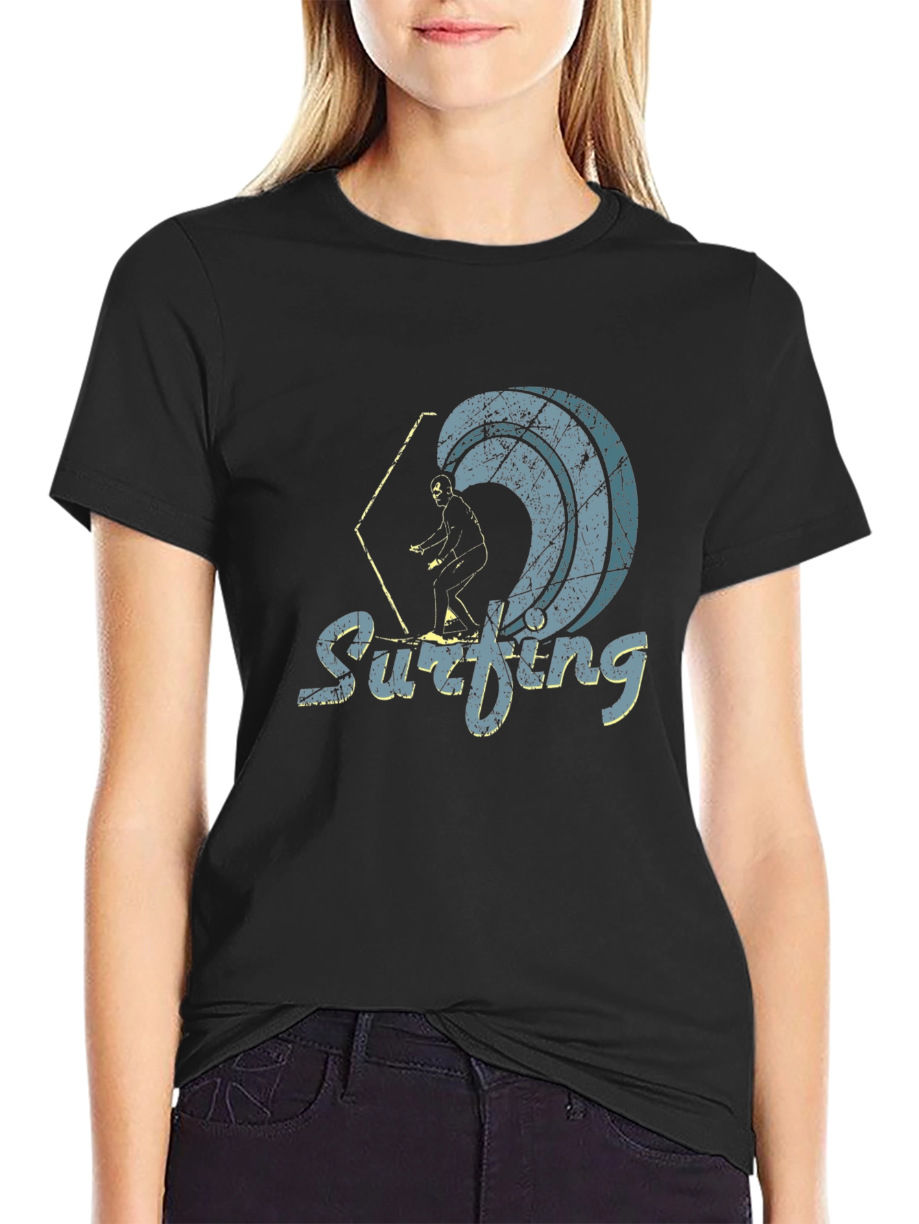 Vintage Surfing Graphic Tee - Black Cotton Blend