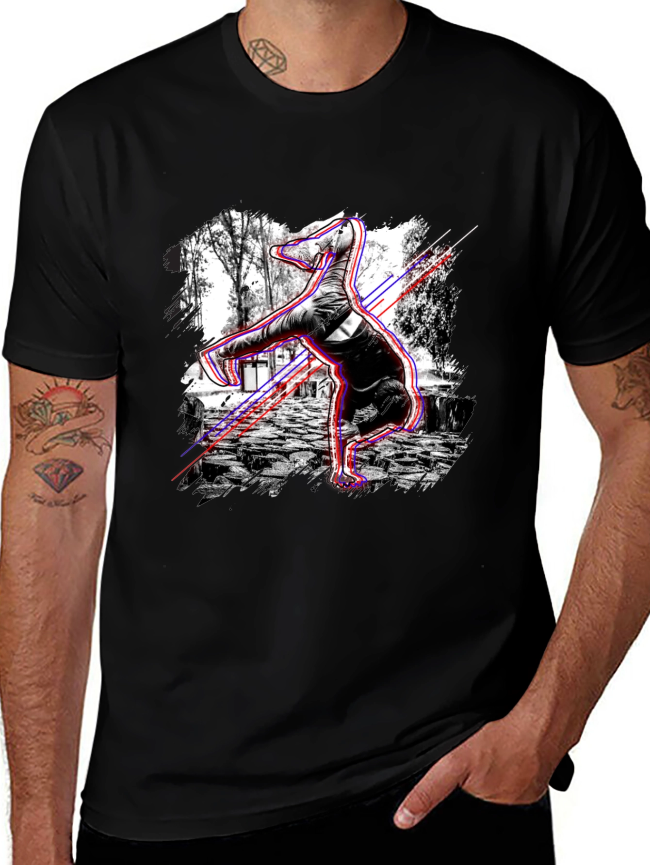 Graphic Black T-Shirt - Breakdancing Dinosaur
