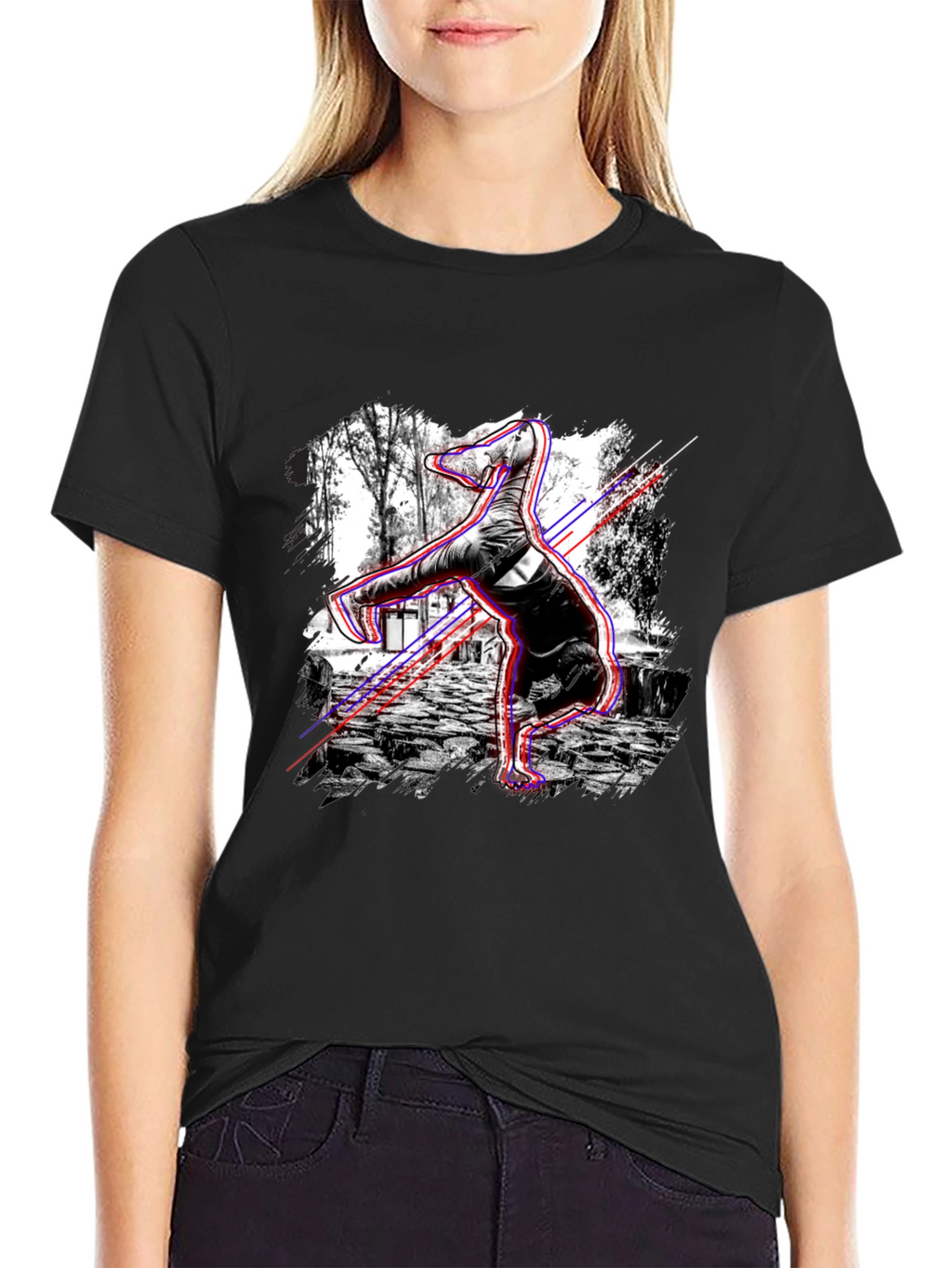 Graphic Black T-Shirt - Breakdancing Dinosaur