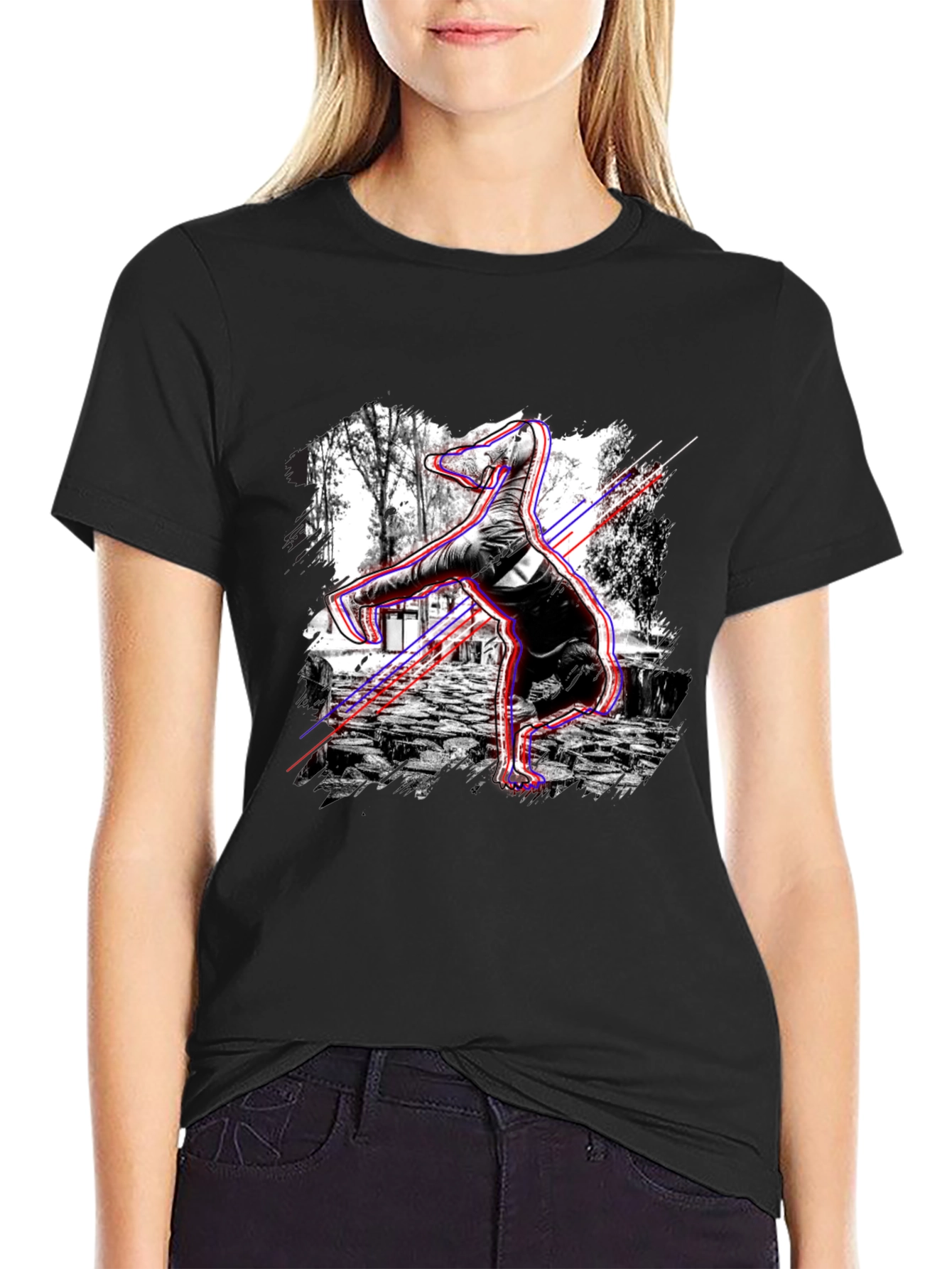Graphic Black T-Shirt - Breakdancing Dinosaur