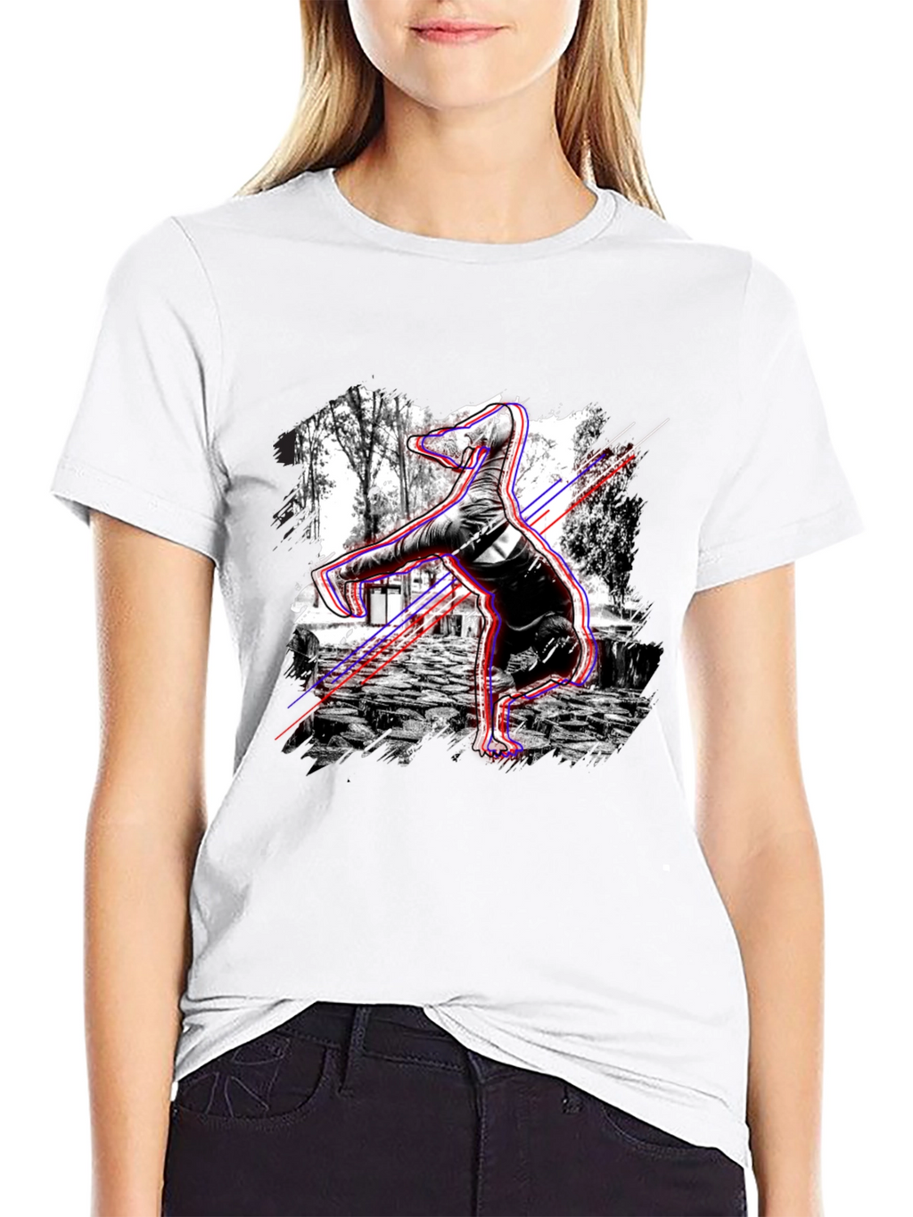 Graphic Black T-Shirt - Breakdancing Dinosaur