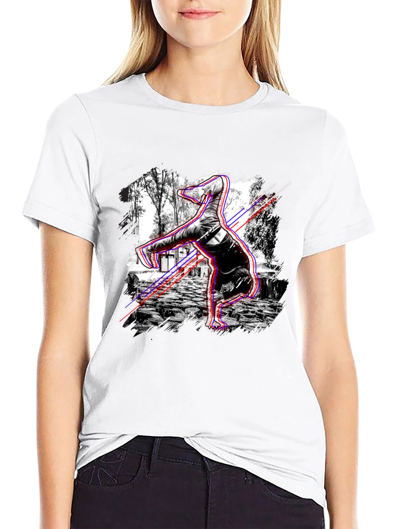 Graphic Black T-Shirt - Breakdancing Dinosaur