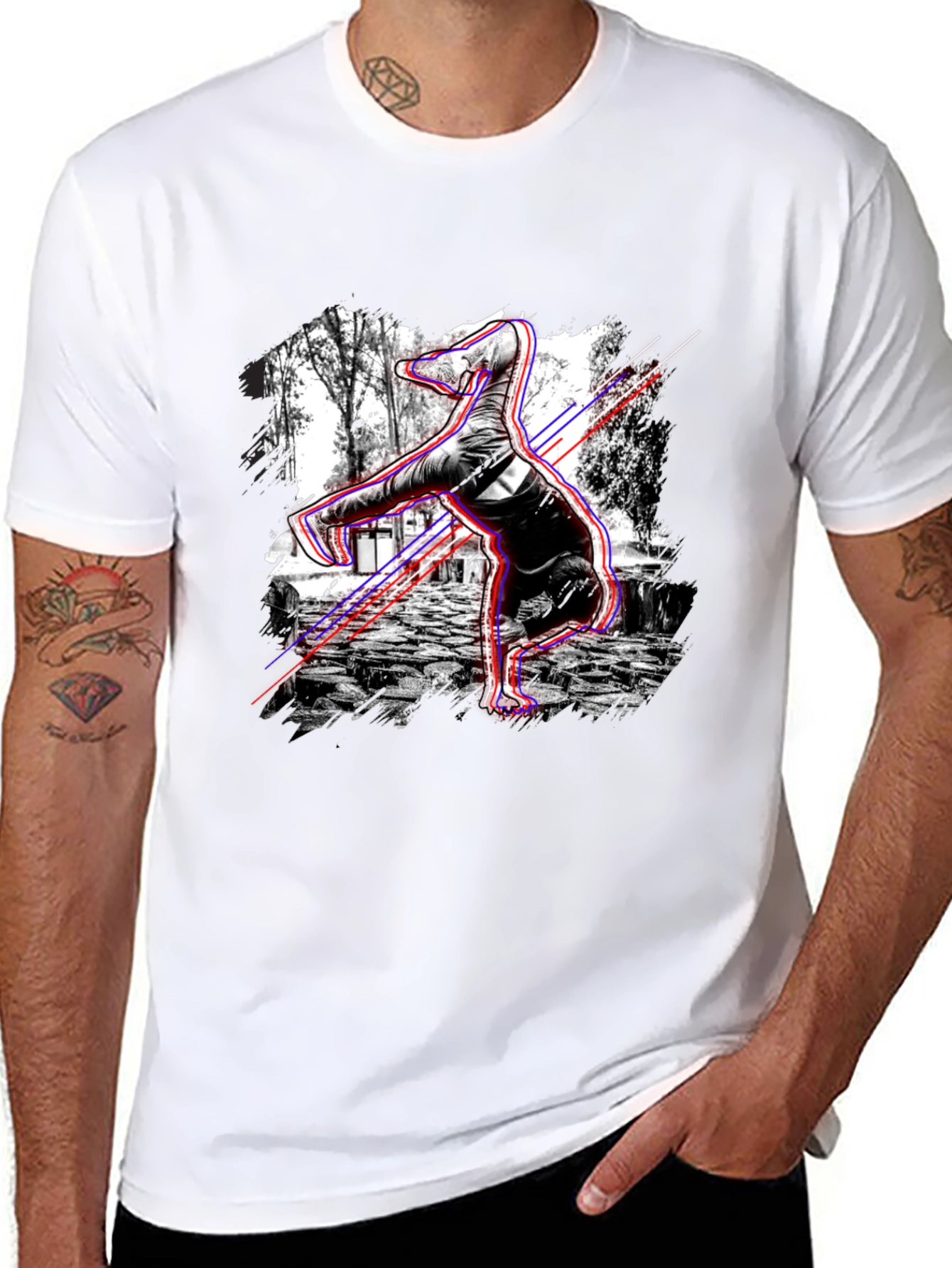 Graphic Black T-Shirt - Breakdancing Dinosaur