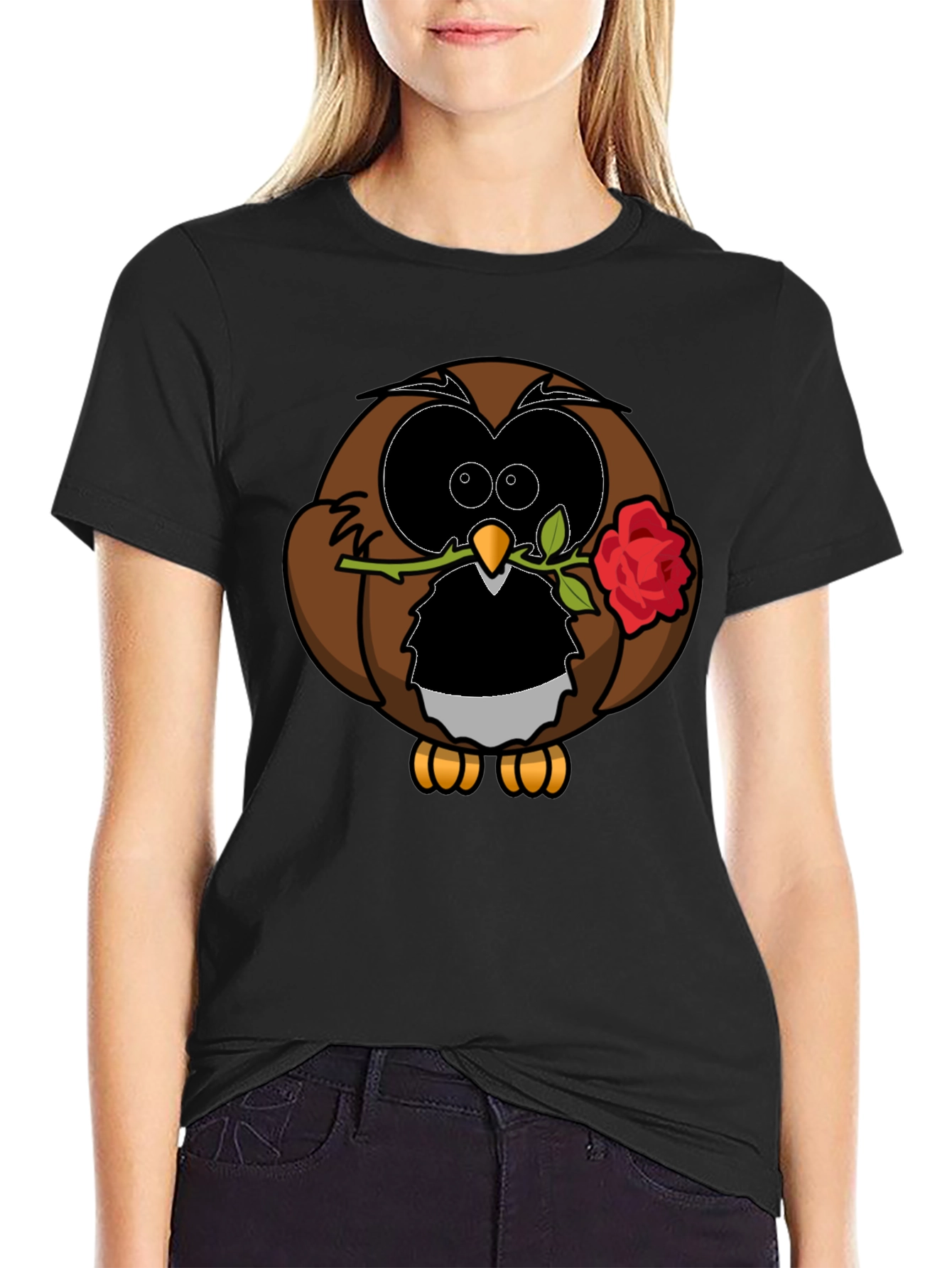 Owl with Rose Graphic T-Shirt - Black
