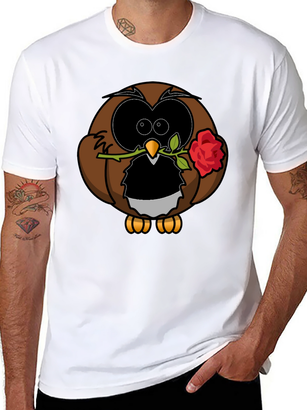 Owl with Rose Graphic T-Shirt - Black