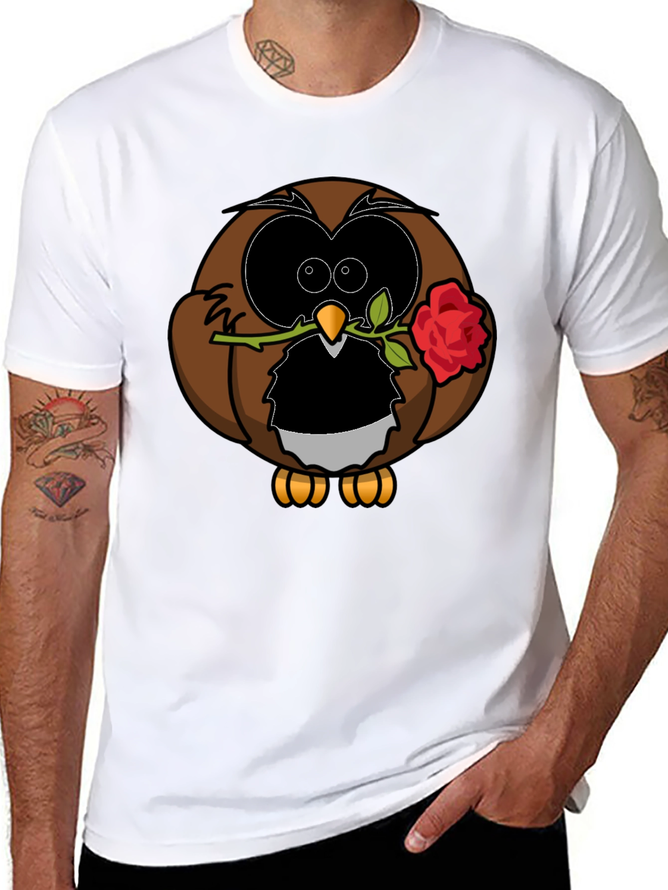 Owl with Rose Graphic T-Shirt - Black