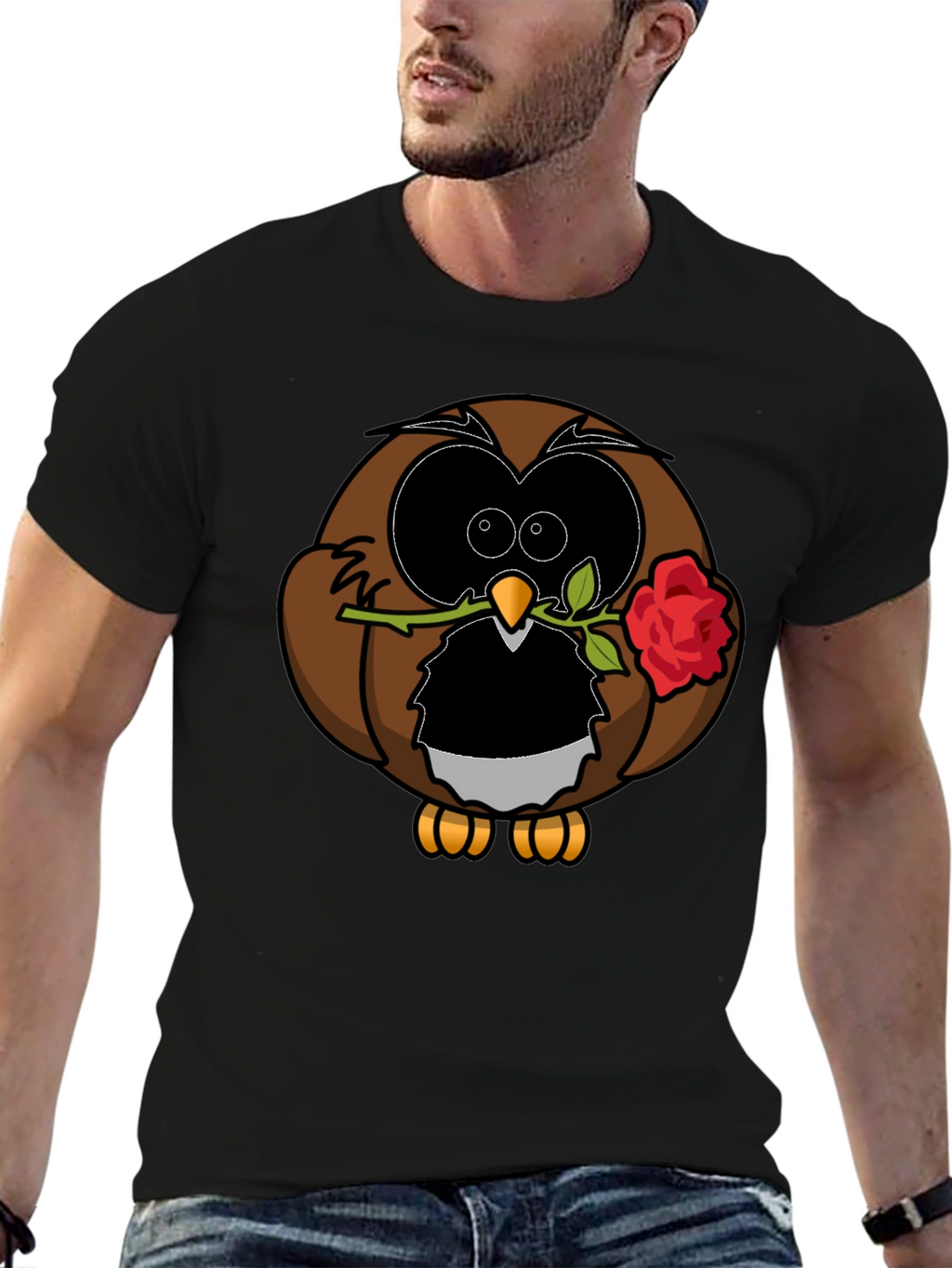 Owl with Rose Graphic T-Shirt - Black