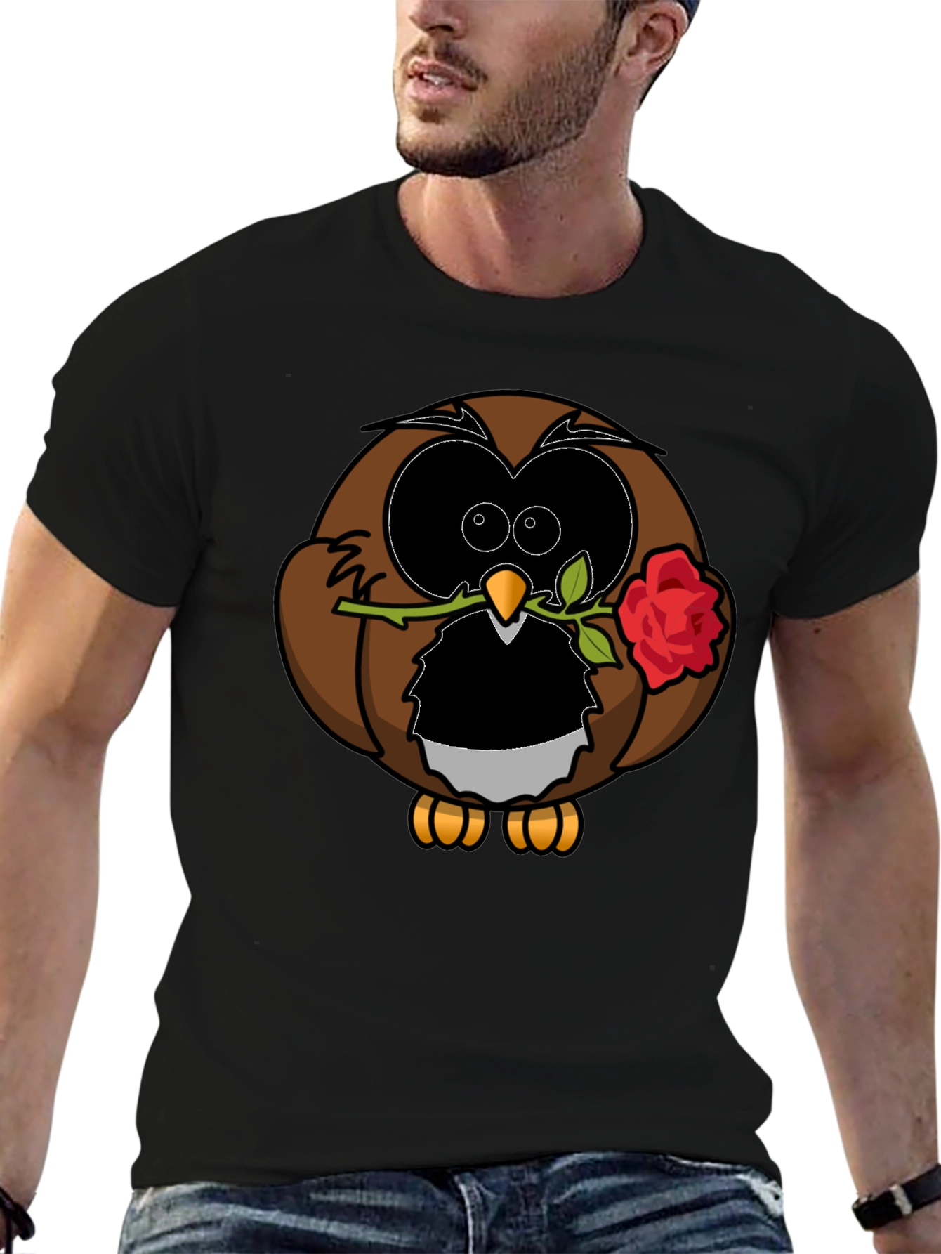 Owl with Rose Graphic T-Shirt - Black