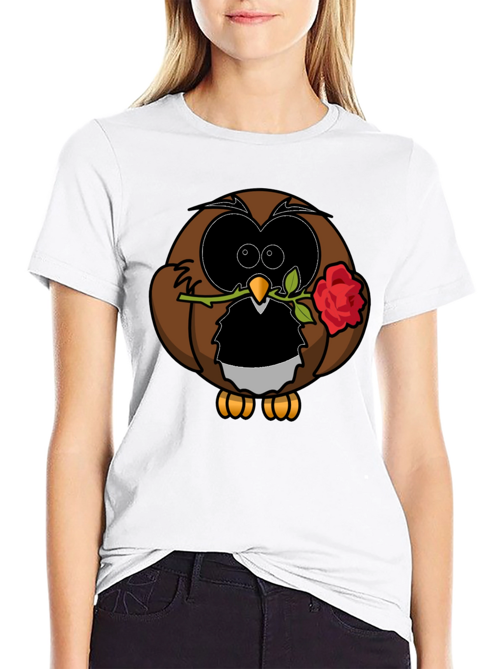 Owl with Rose Graphic T-Shirt - Black
