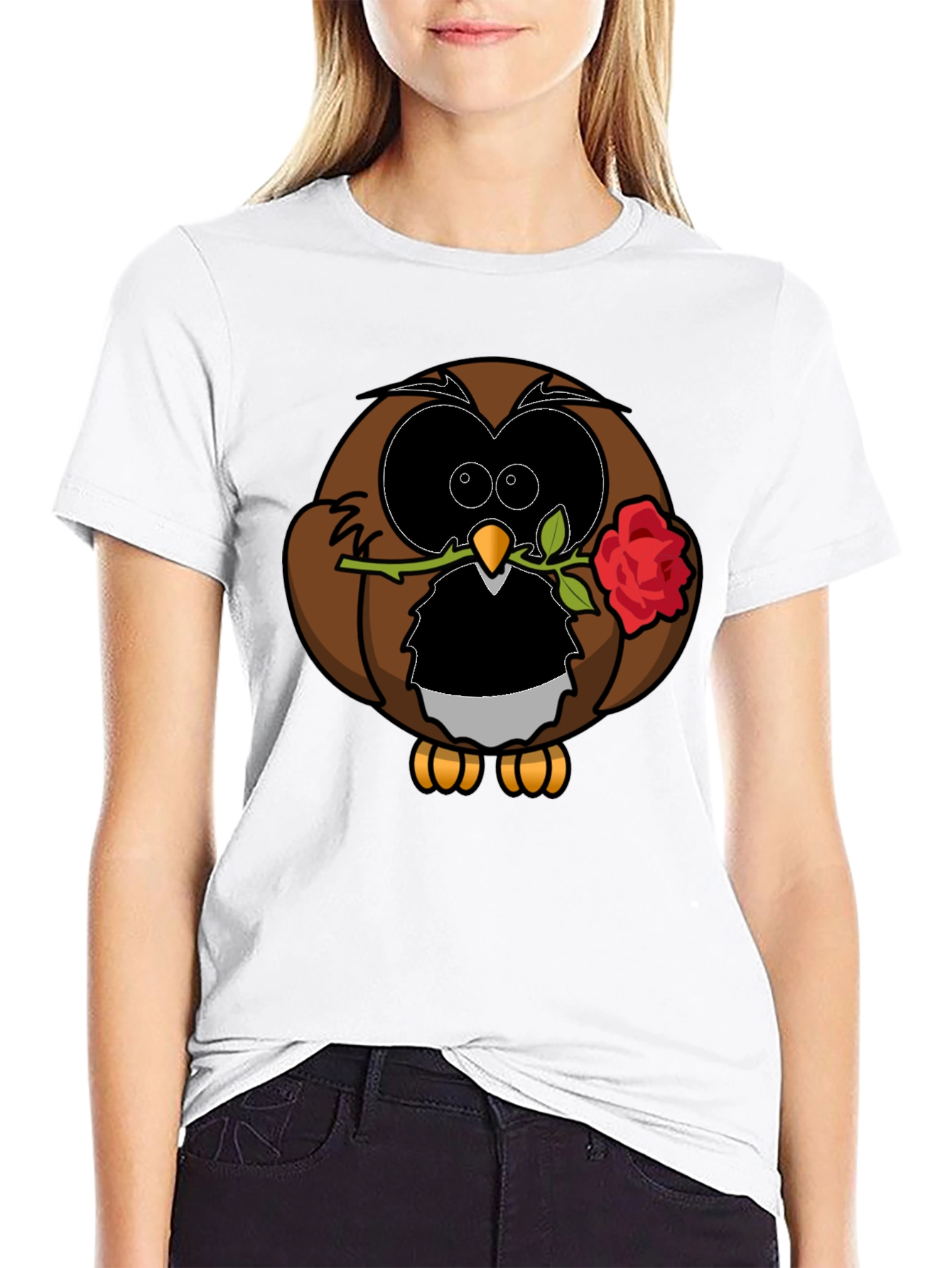 Owl with Rose Graphic T-Shirt - Black