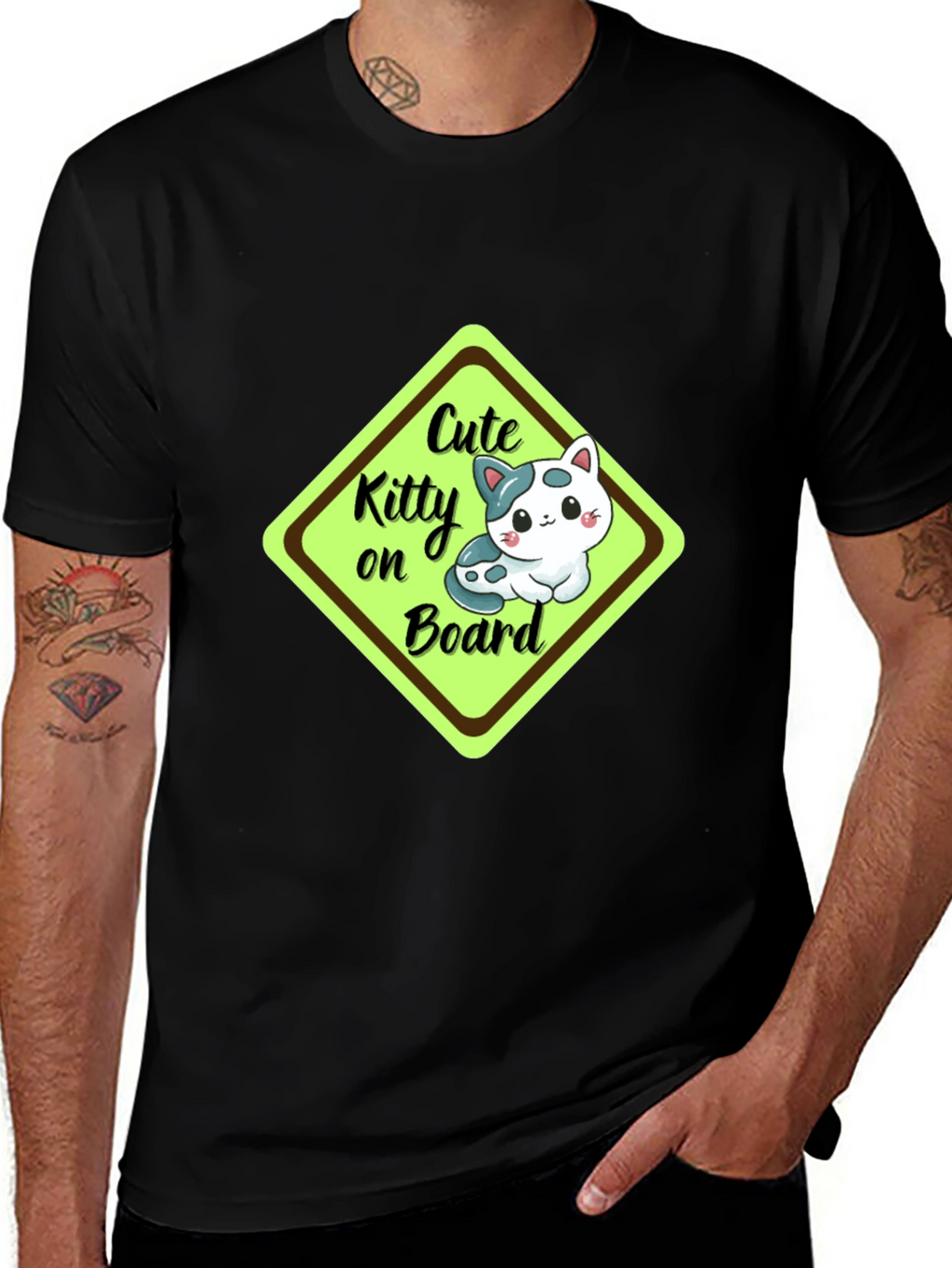 Cute Kitty On Board Black T-Shirt