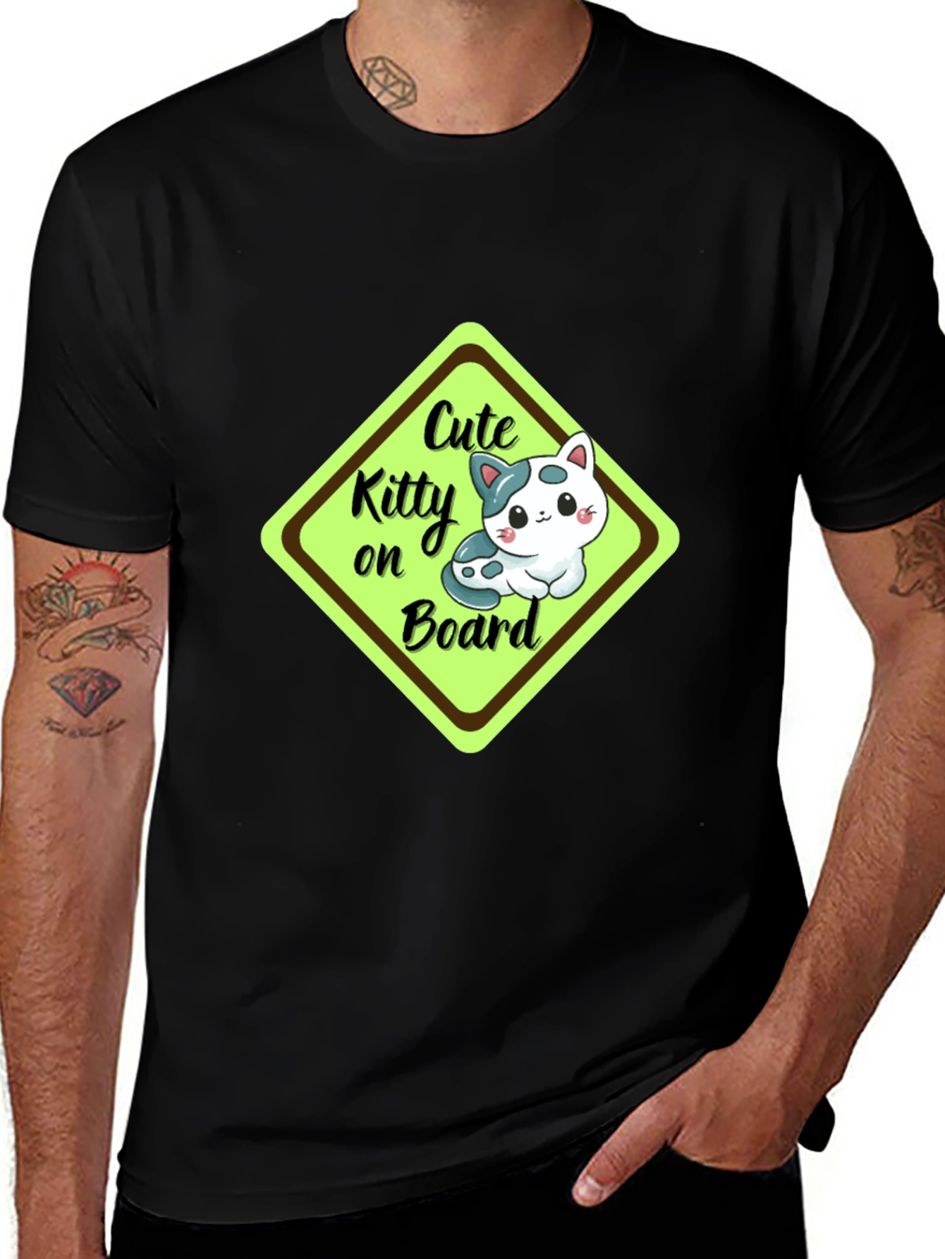 Cute Kitty On Board Black T-Shirt
