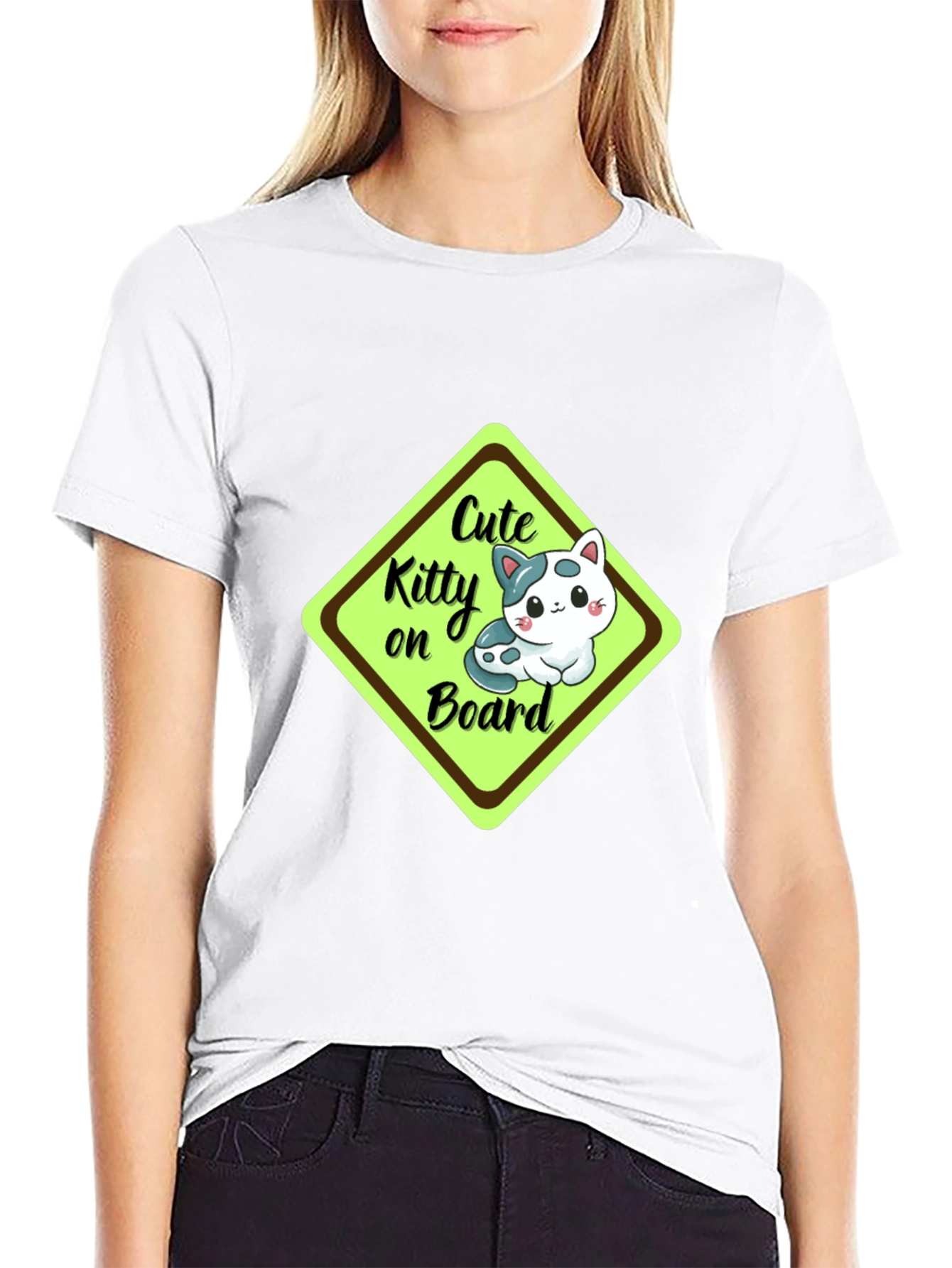 Cute Kitty On Board Black T-Shirt