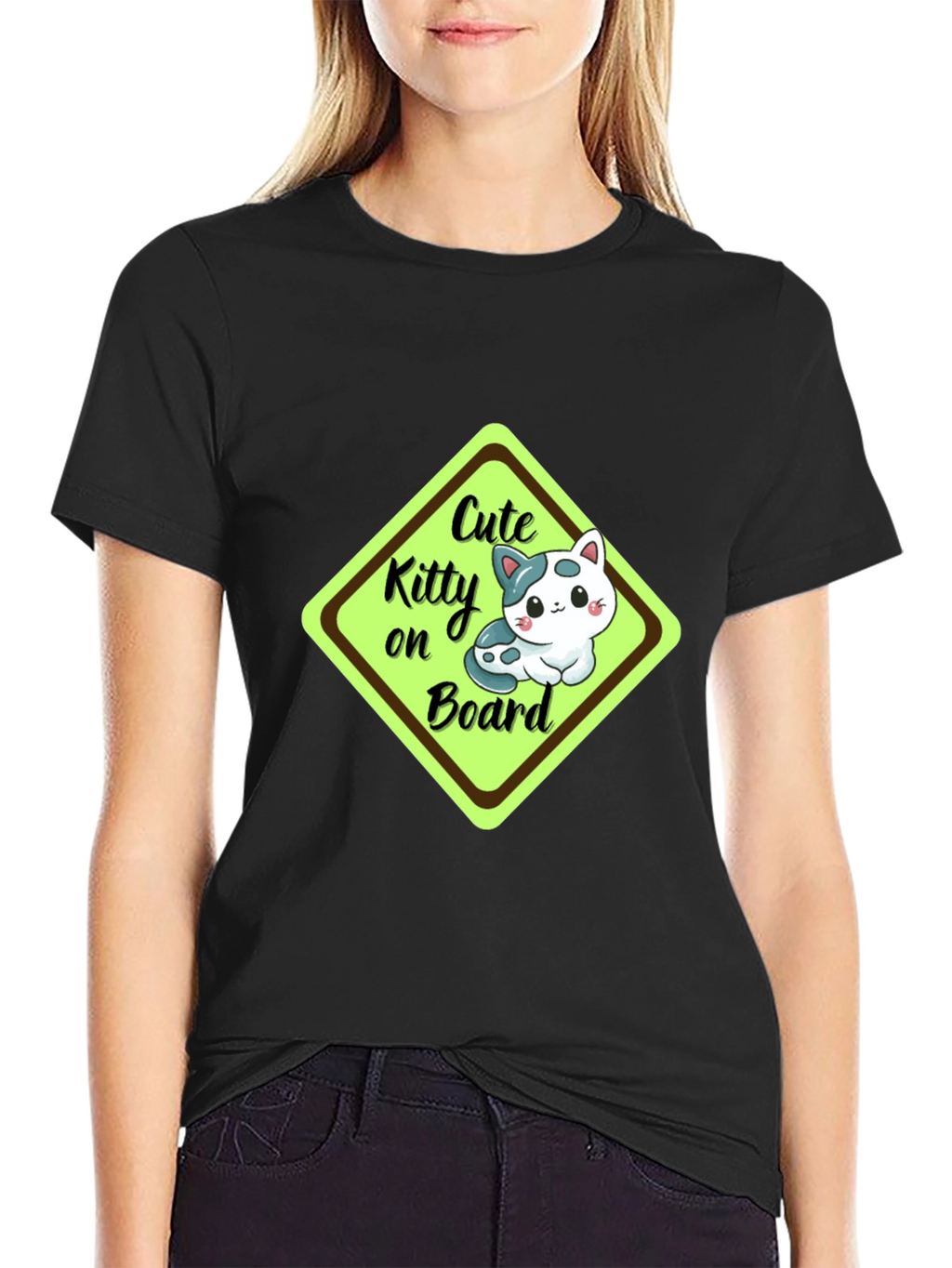 Cute Kitty On Board Black T-Shirt
