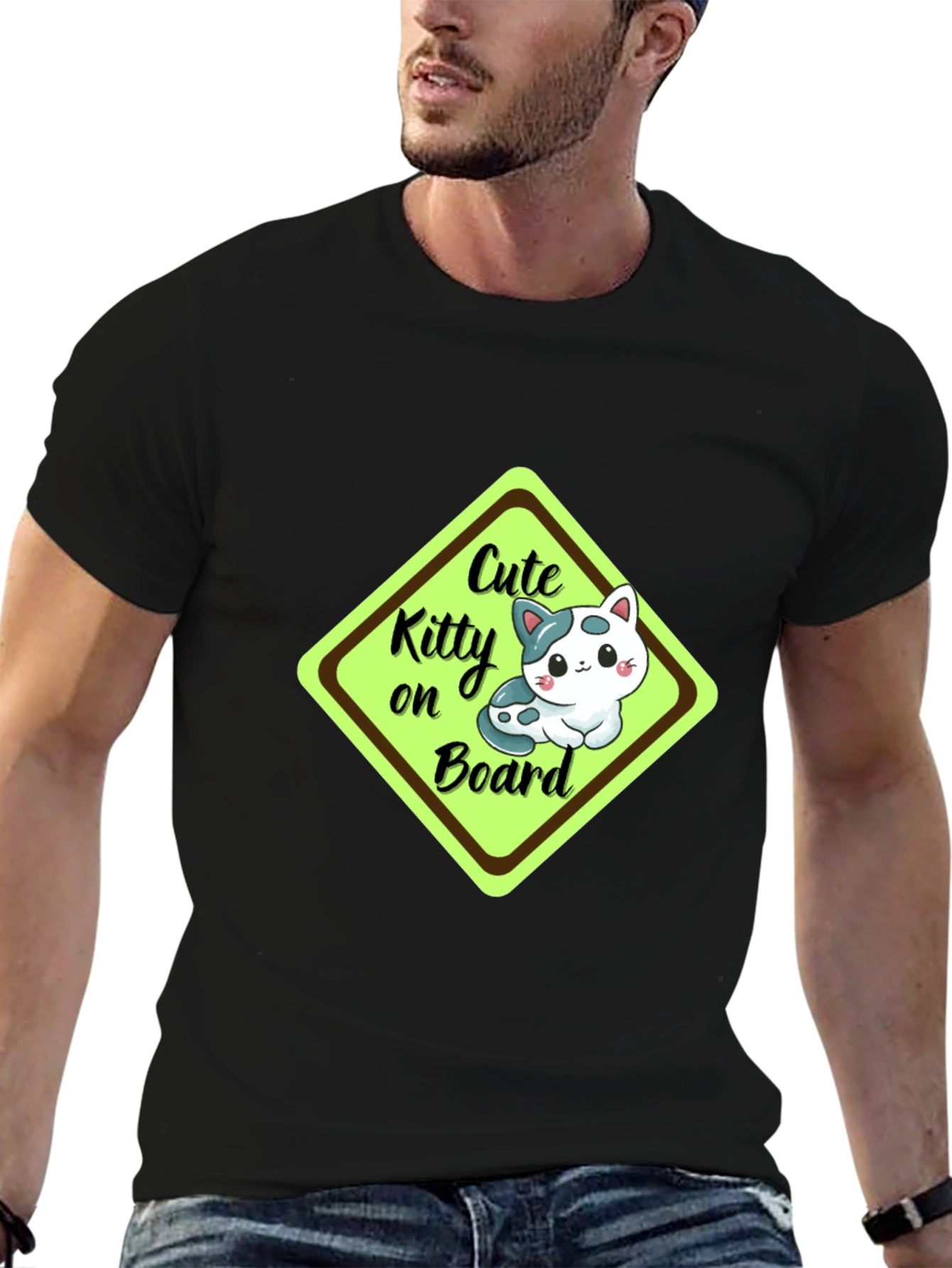 Cute Kitty On Board Black T-Shirt