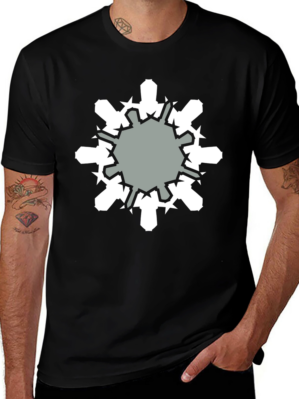 Geometric Snowflake Graphic Print Black T-Shirt