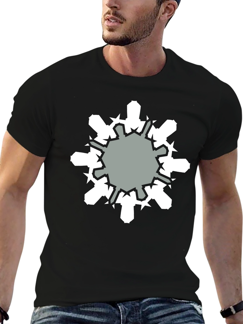 Geometric Snowflake Graphic Print Black T-Shirt