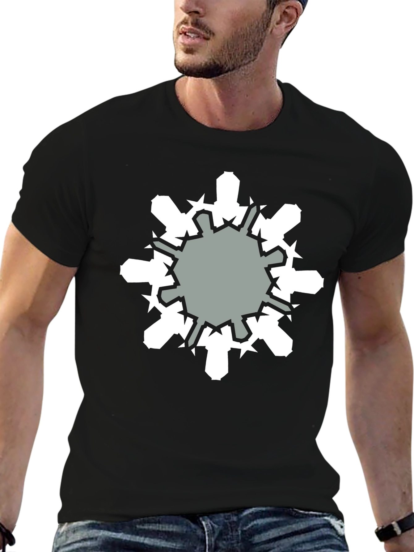 Geometric Snowflake Graphic Print Black T-Shirt