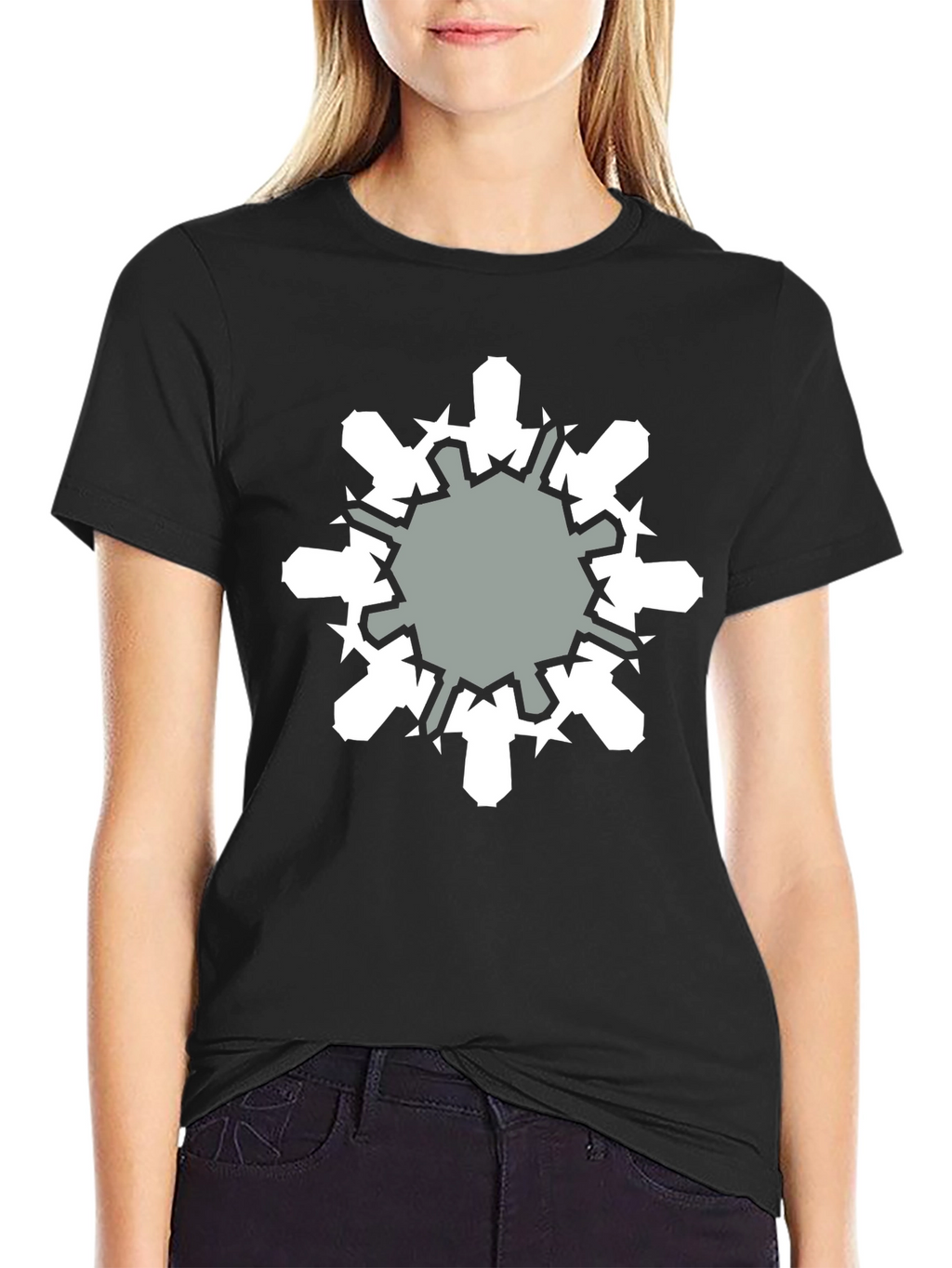 Geometric Snowflake Graphic Print Black T-Shirt