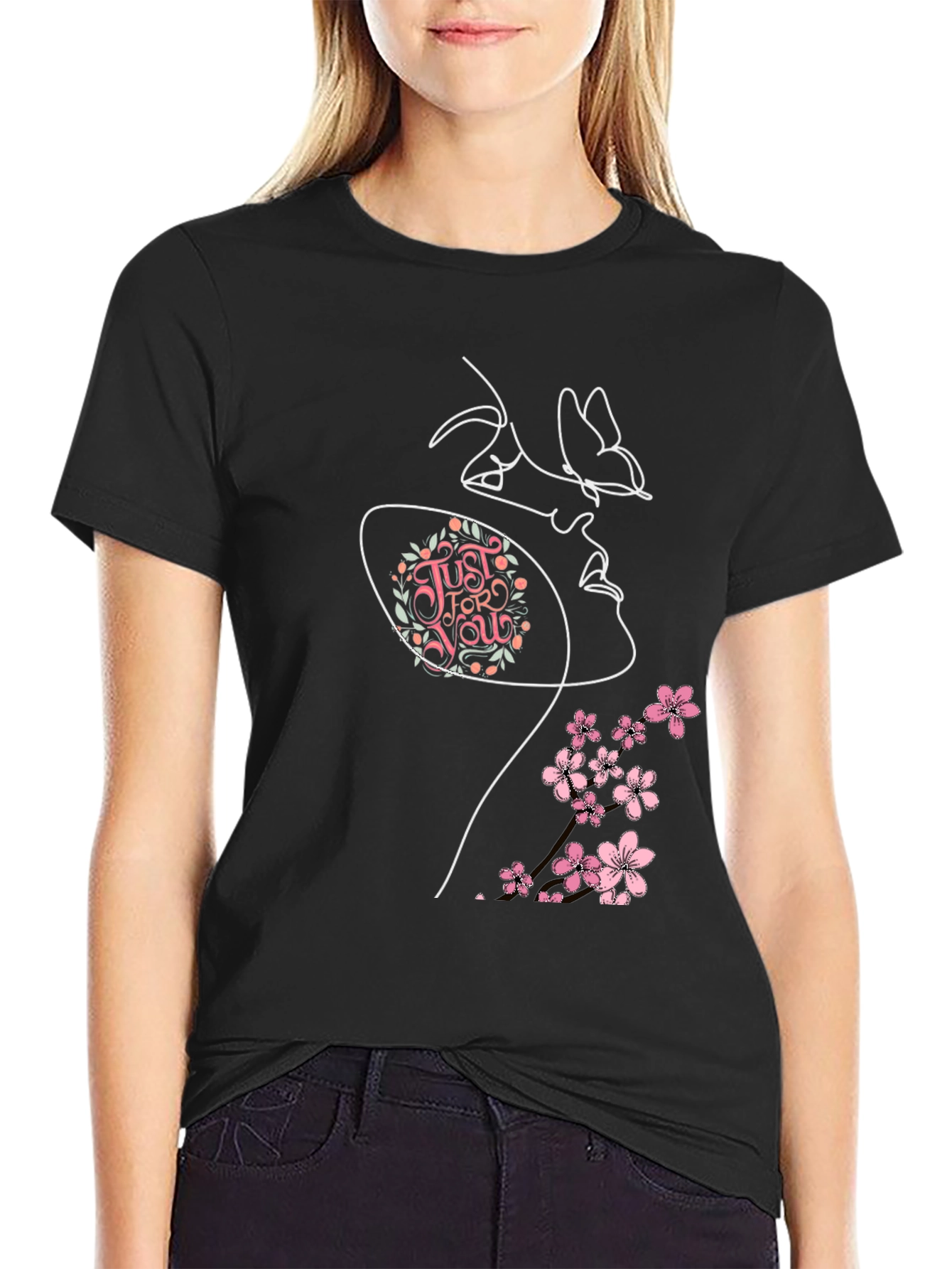 Floral Butterfly Woman Graphic Tee - Black
