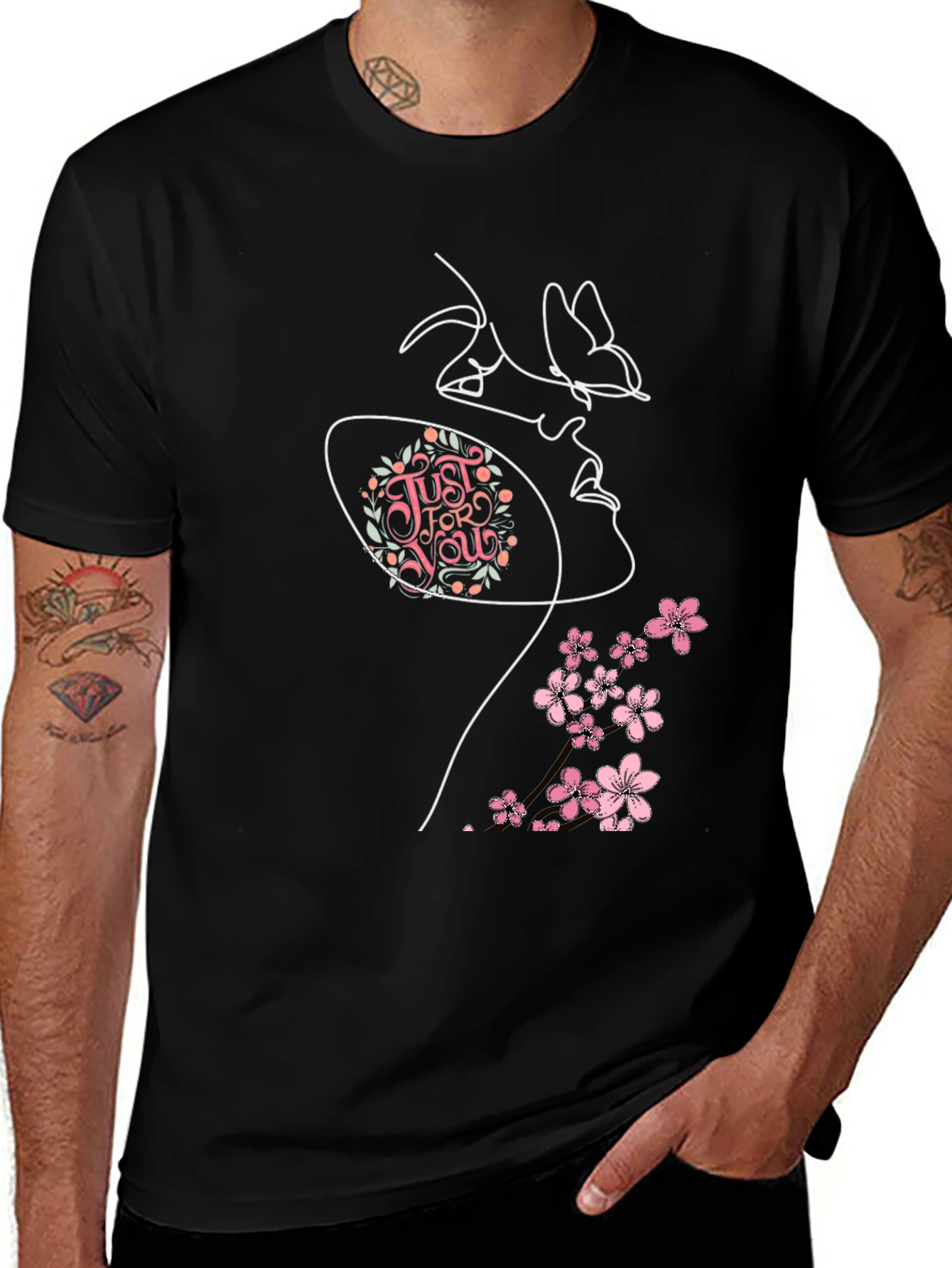 Floral Butterfly Woman Graphic Tee - Black