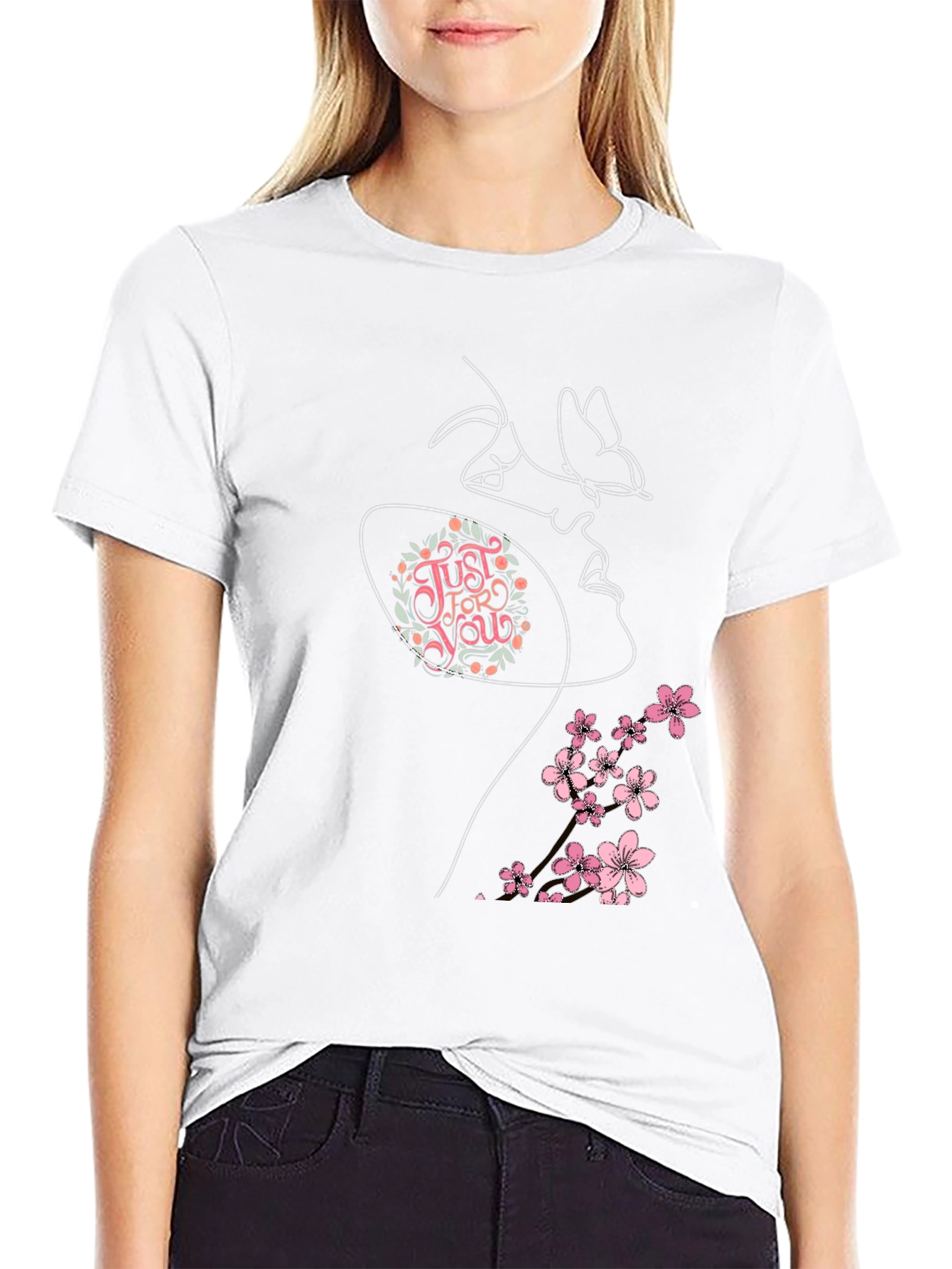 Floral Butterfly Woman Graphic Tee - Black