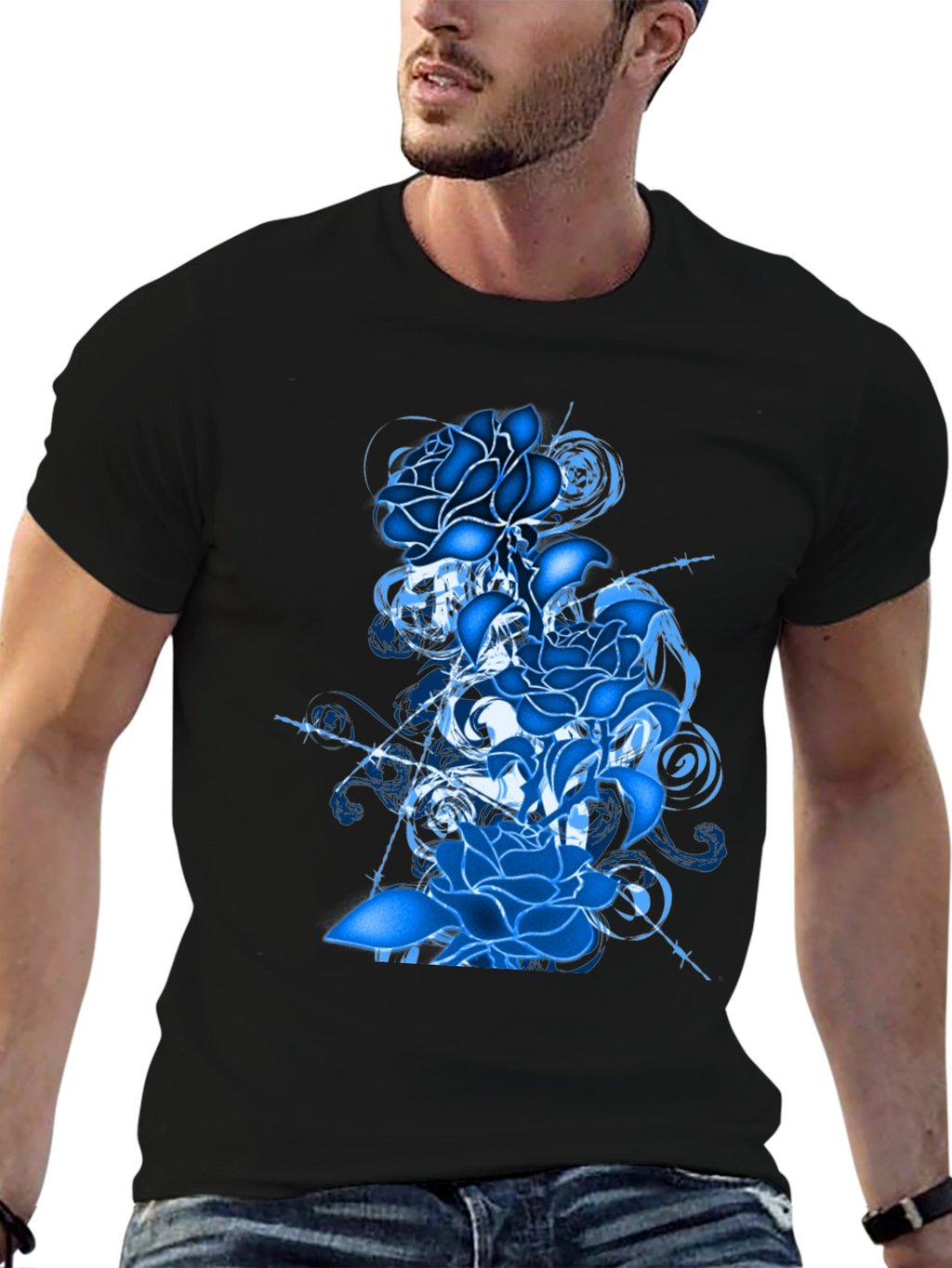 Blue Rose Graphic T-Shirt - Stylish Mens Tee