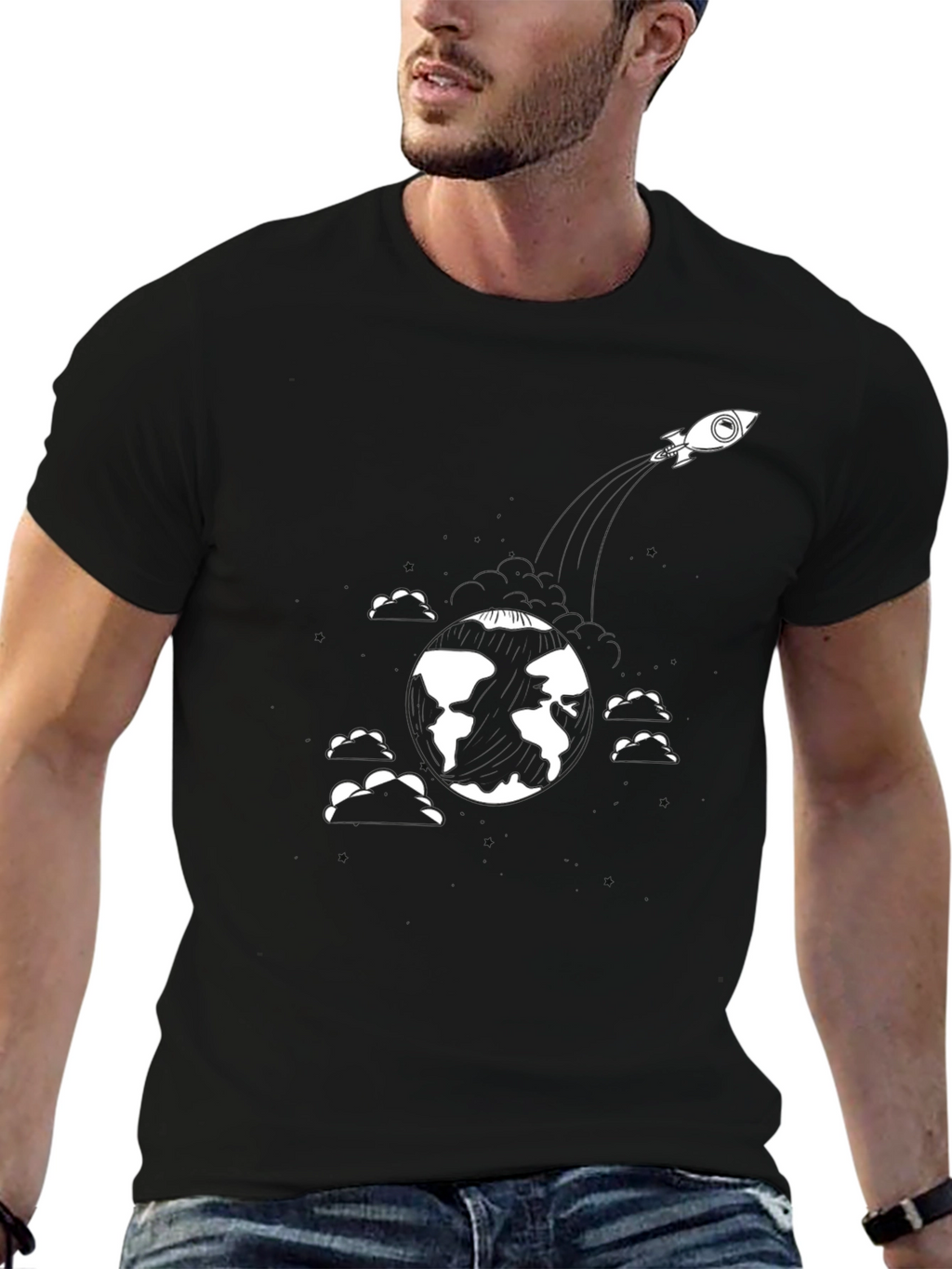Earth Orbit Rocket Black T-Shirt