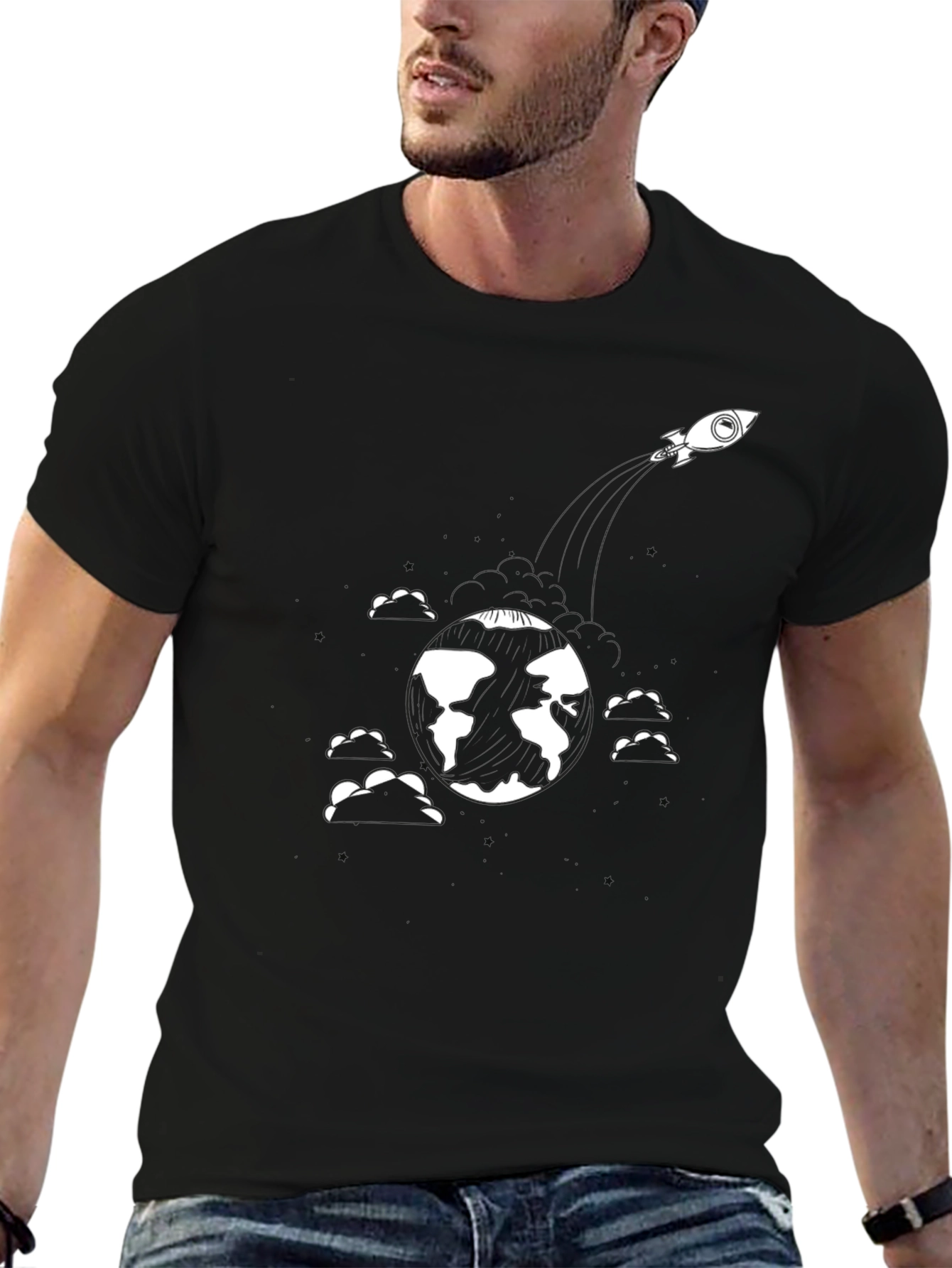 Earth Orbit Rocket Black T-Shirt