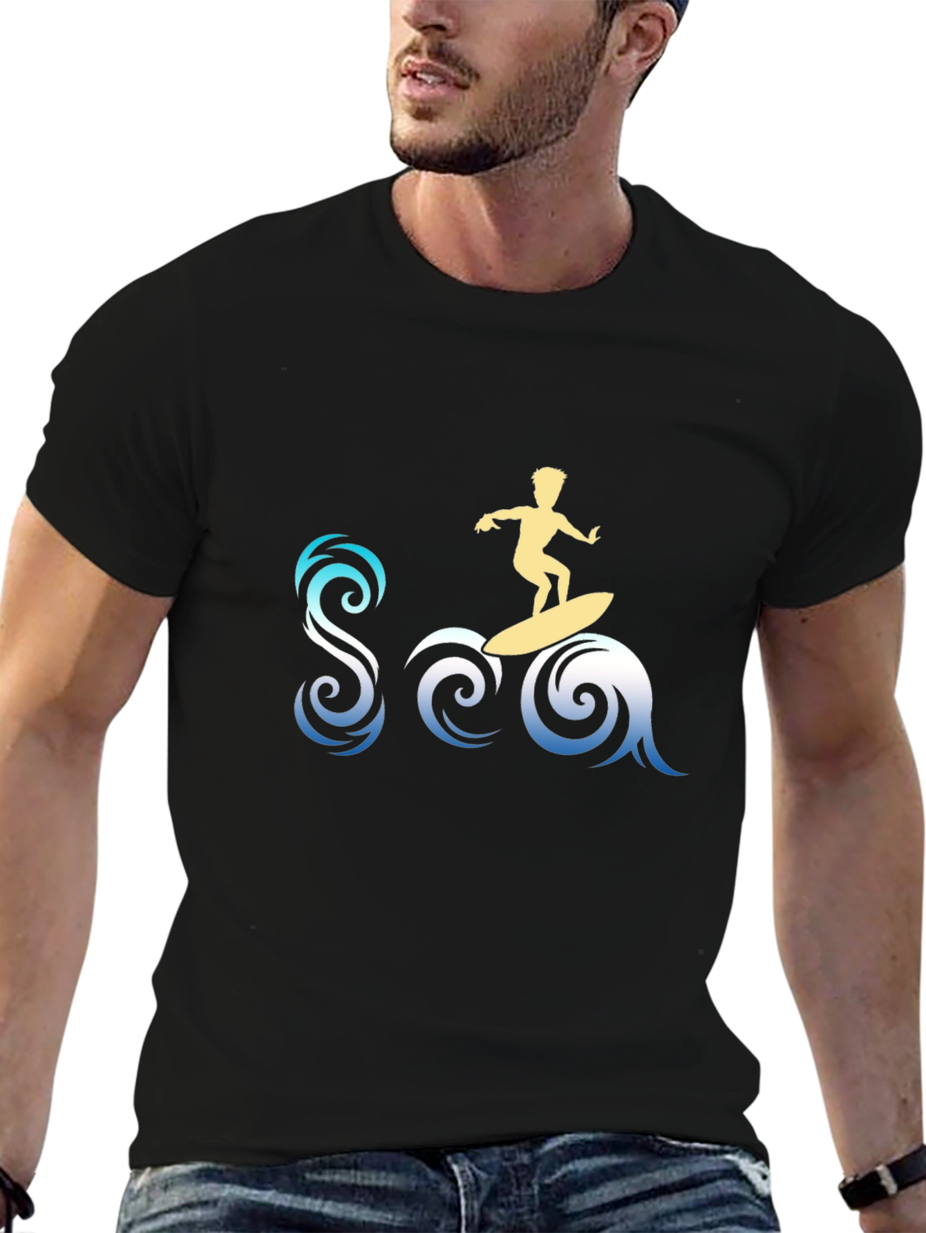 Surfer Sea Graphic Tee - Stylish Black T-Shirt