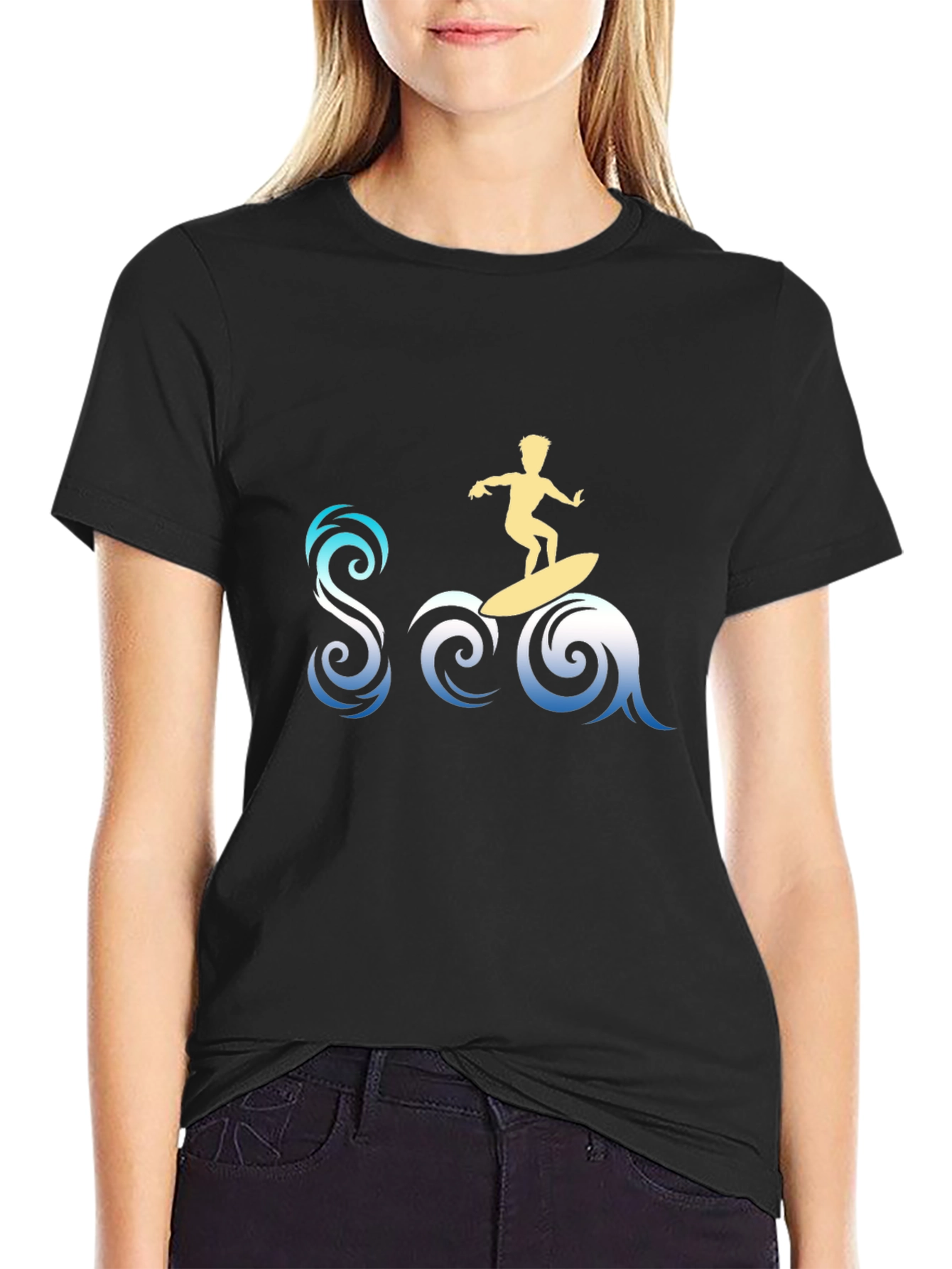 Surfer Sea Graphic Tee - Stylish Black T-Shirt