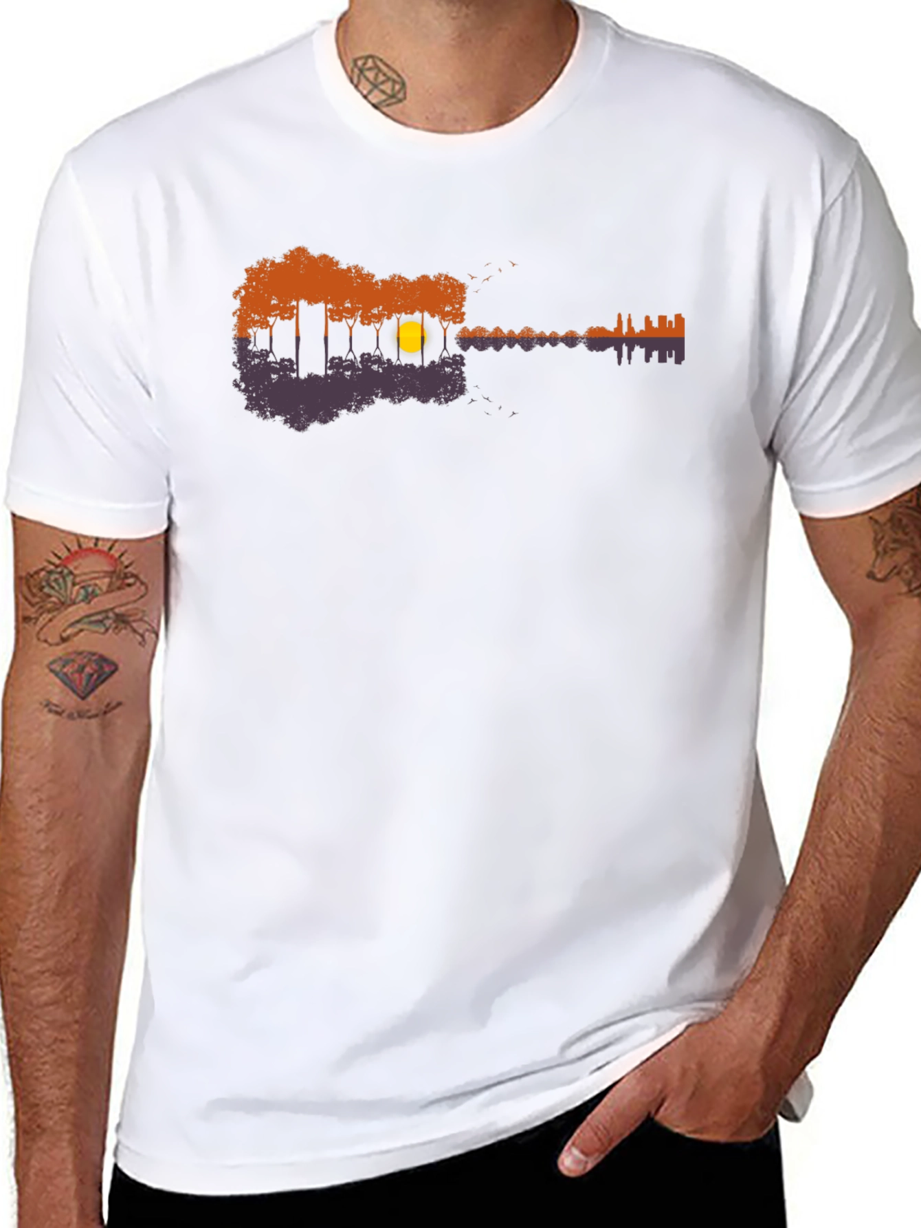 Guitar Nature Scene Black T-Shirt