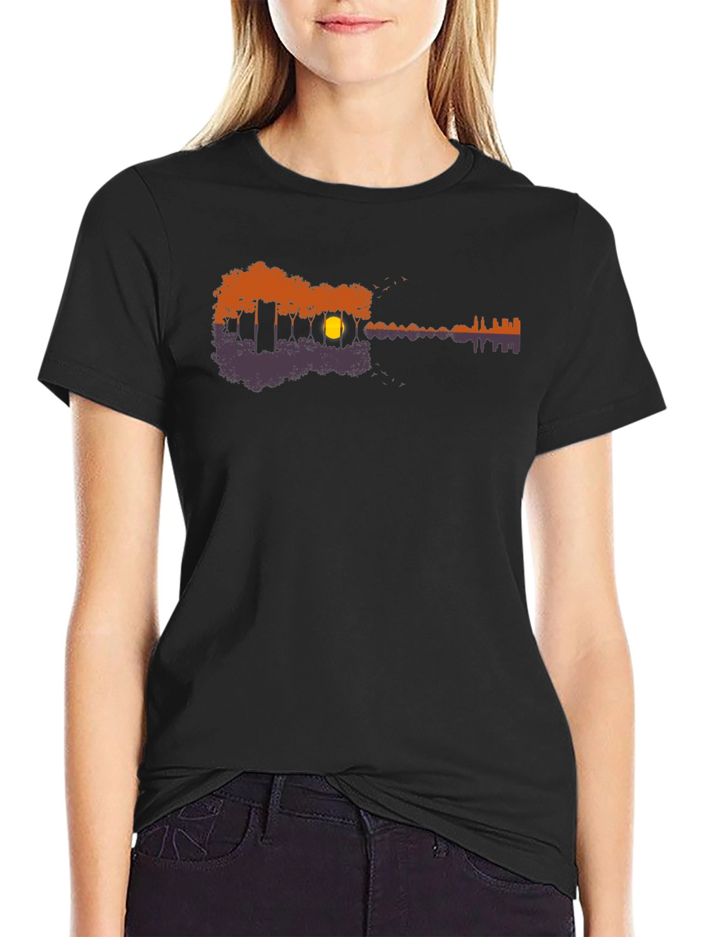 Guitar Nature Scene Black T-Shirt