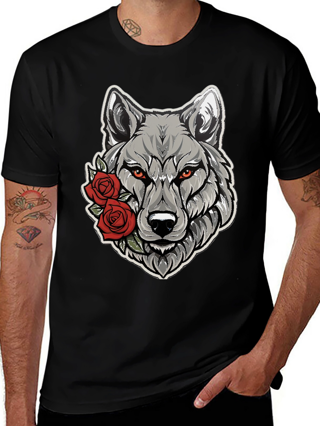 Wolf & Roses Graphic Tee - Mens Black T-Shirt
